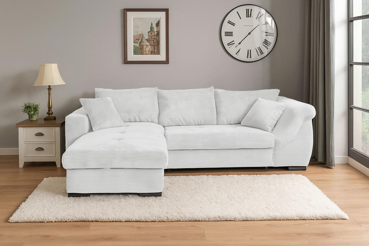 ECKSOFA Perlmutt Cord Zierkissen, Rückenkissen, Bettkasten, Schlaffunktion, Rücken echt, Liegefläche im Originalstoff  - Perlmutt/Schwarz, KONVENTIONELL, Textil/Metall (168/258cm) - Carryhome