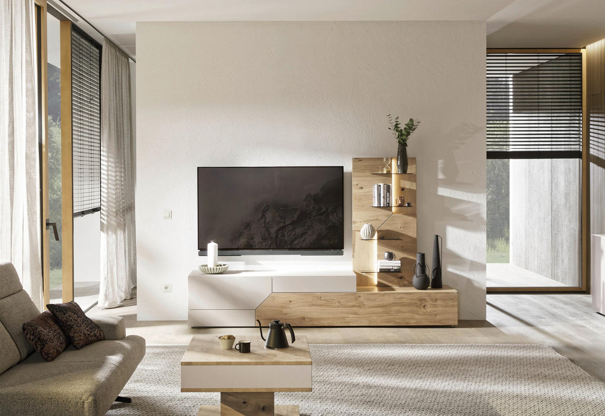 WOHNWAND 2-teilig  Weiss, Eichefarben 256/162/44,6 cm  - Weiss/Eichefarben, Design, Glas/Holz (256/162/44,6cm) - Voglauer