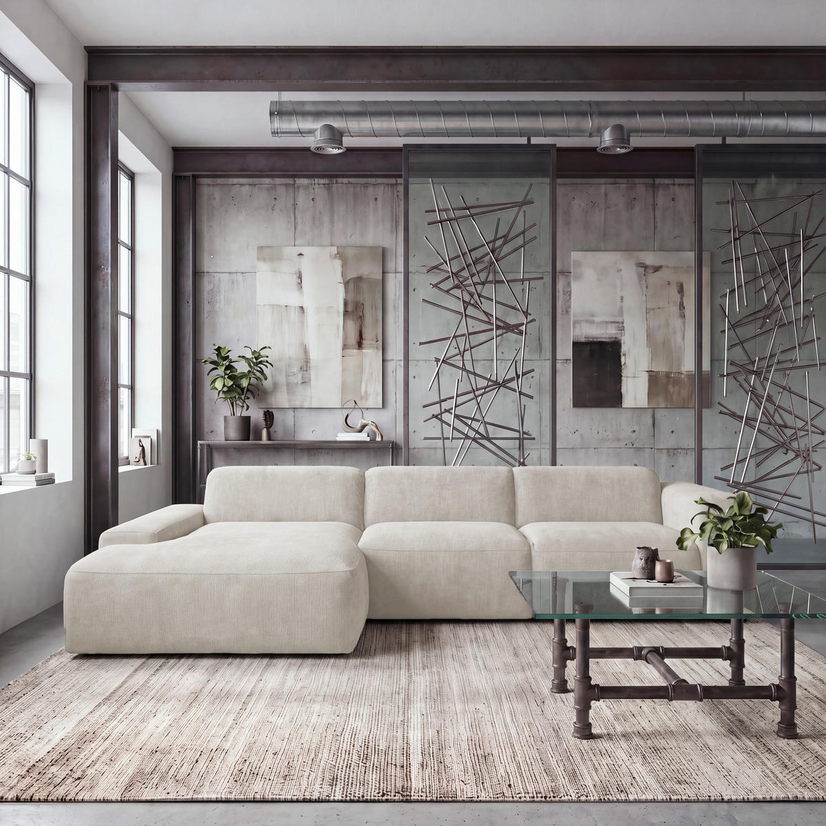ECKSOFA HANNAH Creme Cord  - Creme/Schwarz, Design, Kunststoff/Textil (170/343cm) - MID.YOU