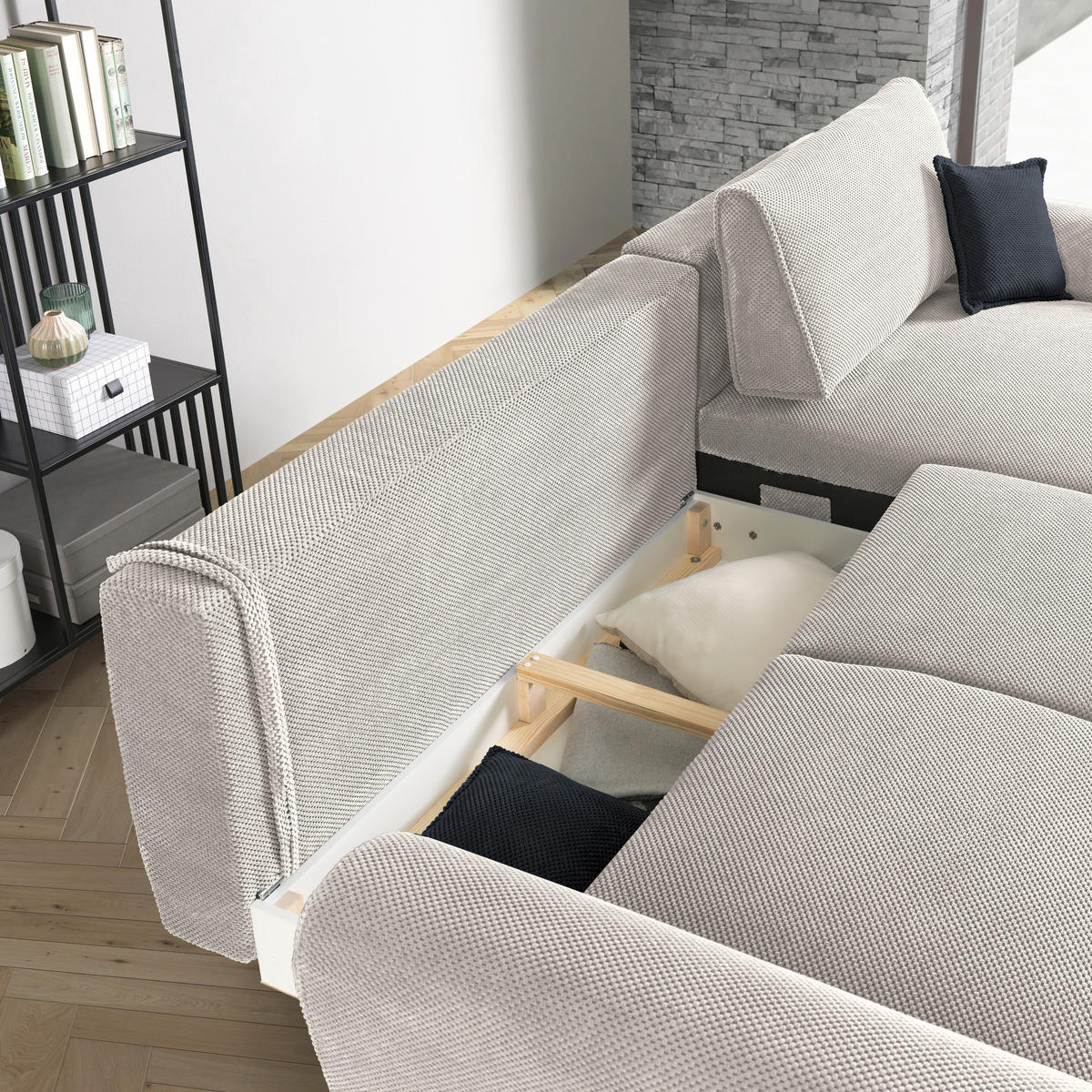 ECKSOFA in Webstoff Creme  - Creme/Schwarz, Design, Textil/Metall (272/170cm) - Welnova