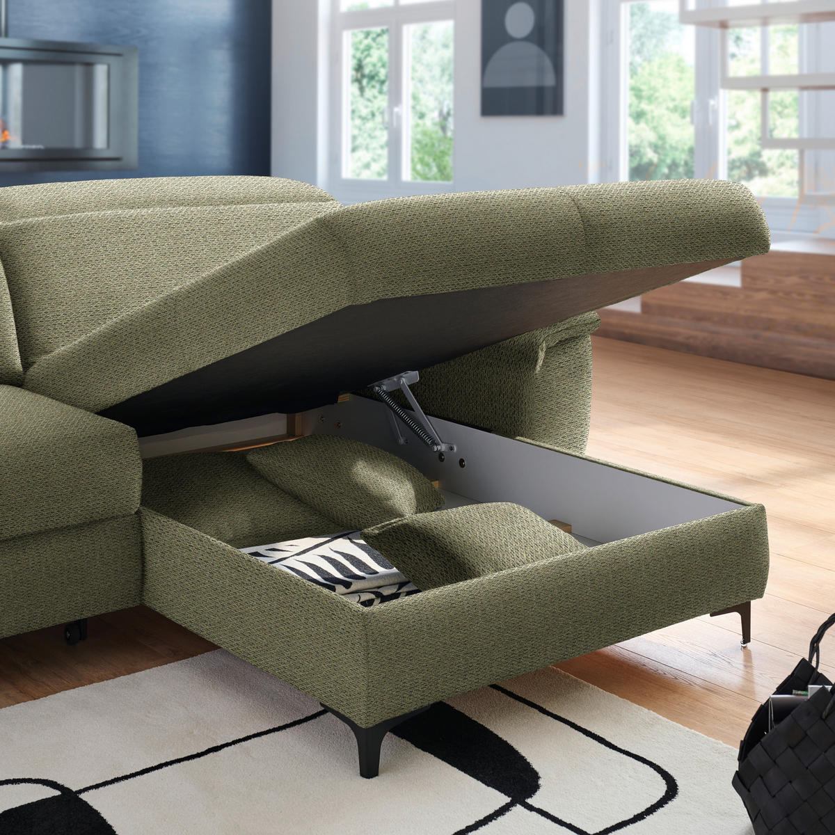ECKSOFA in Chenille Grün  - Schwarz/Grün, Design, Textil/Metall (185/256cm) - Stylife