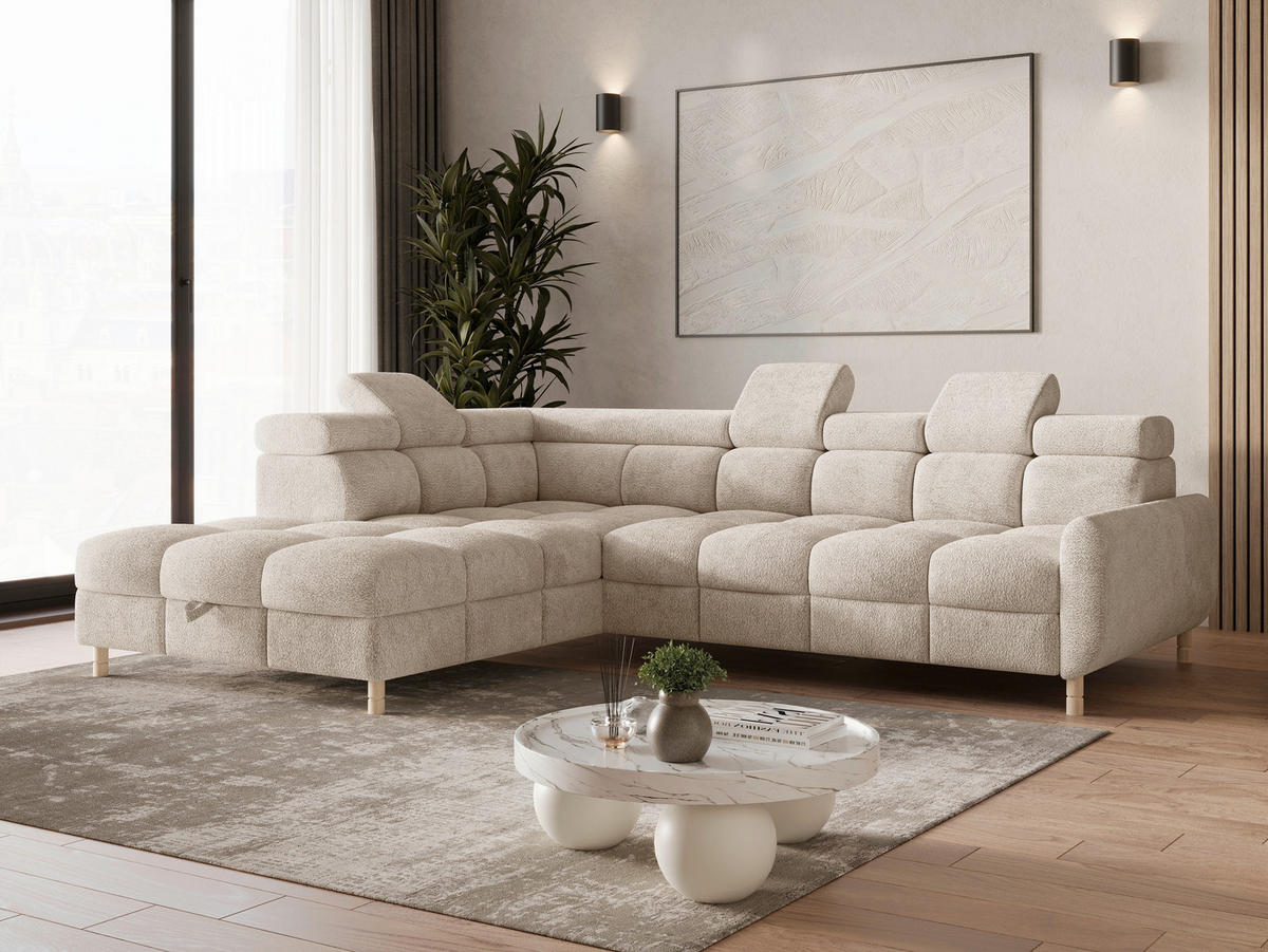 ECKSOFA BUN in Bouclé Beige  - Elfenbein/Beige, Design, Holz/Textil (209/276cm) - MID.YOU