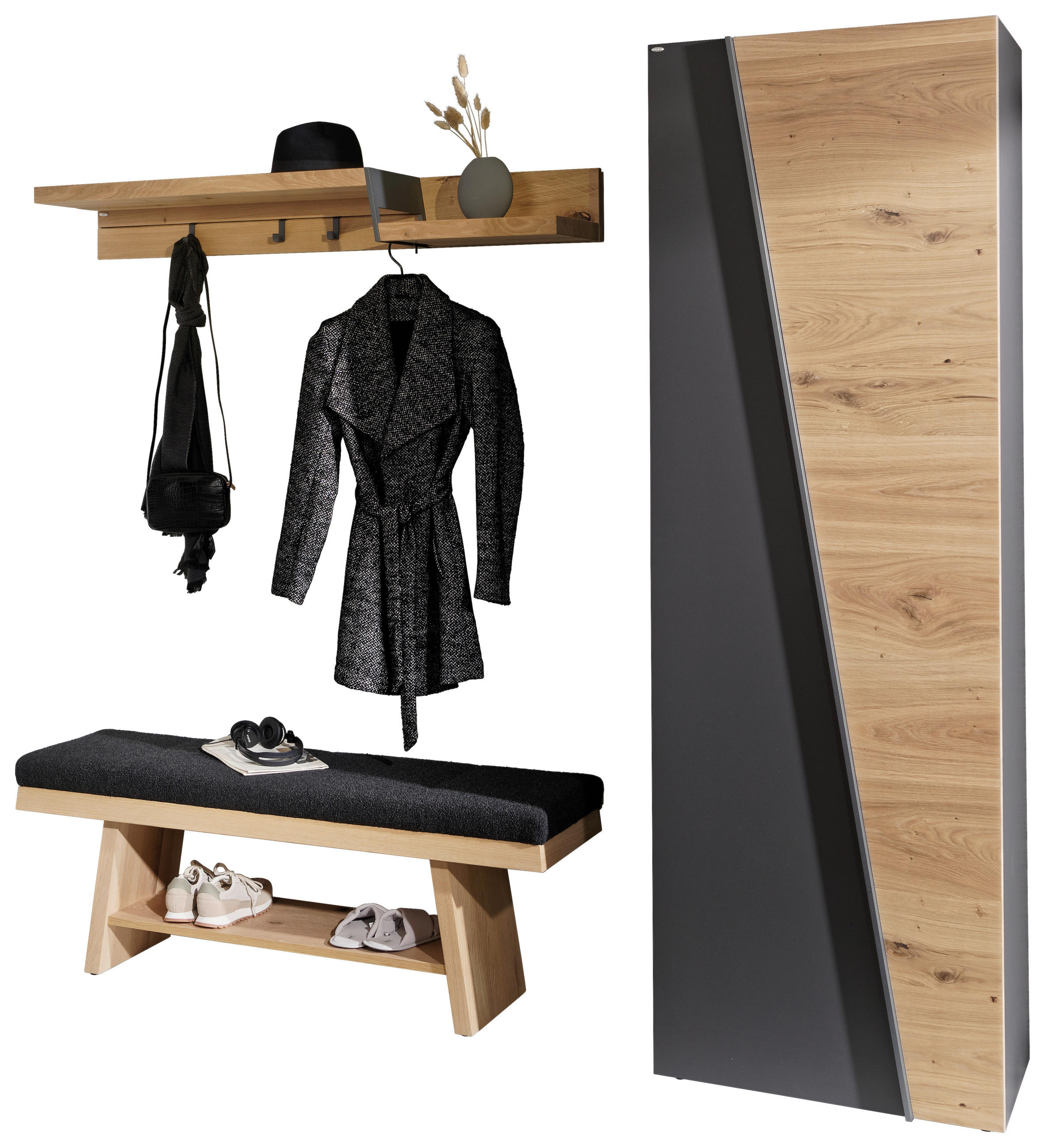 GARDEROBE 3-teilig  in 208/202/44,3 cm  - Wildeiche/Graphitfarben, Natur, Holz/Holzwerkstoff (208/202/44,3cm) - Voglauer