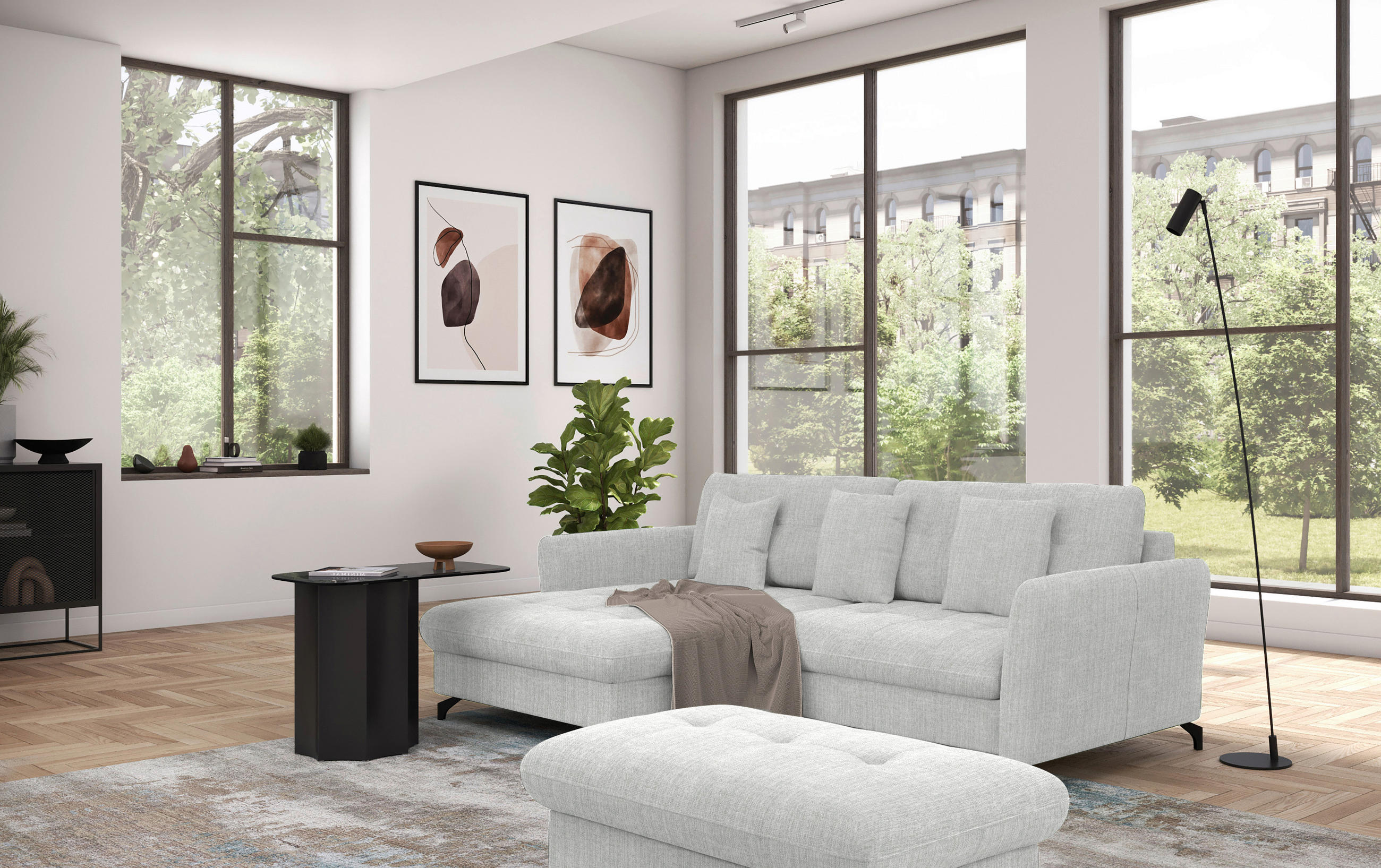 ECKSOFA in Flachgewebe, Leinenoptik Silberfarben  - Silberfarben/Schwarz, Design, Textil/Metall (170/242cm) - Xora