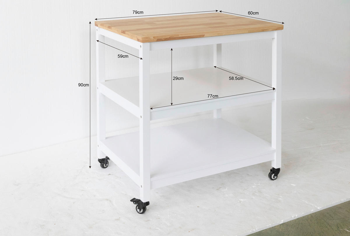 SERVIERWAGEN Kautschukholz vollmassiv Weiß  - Schwarz/Weiß, Basics, Holz/Holzwerkstoff (79/90/60cm) - MID.YOU