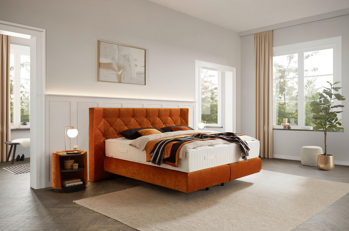 BOXSPRINGBETT 180/200 cm,  in Rostfarben, Matratzen, unterschiedliche Matratzenhärtegrade je Bettseite, H2 + H3 = mittel + fest  - Rostfarben/Schwarz, Design, Kunststoff/Textil (180/200cm) - Dieter Knoll