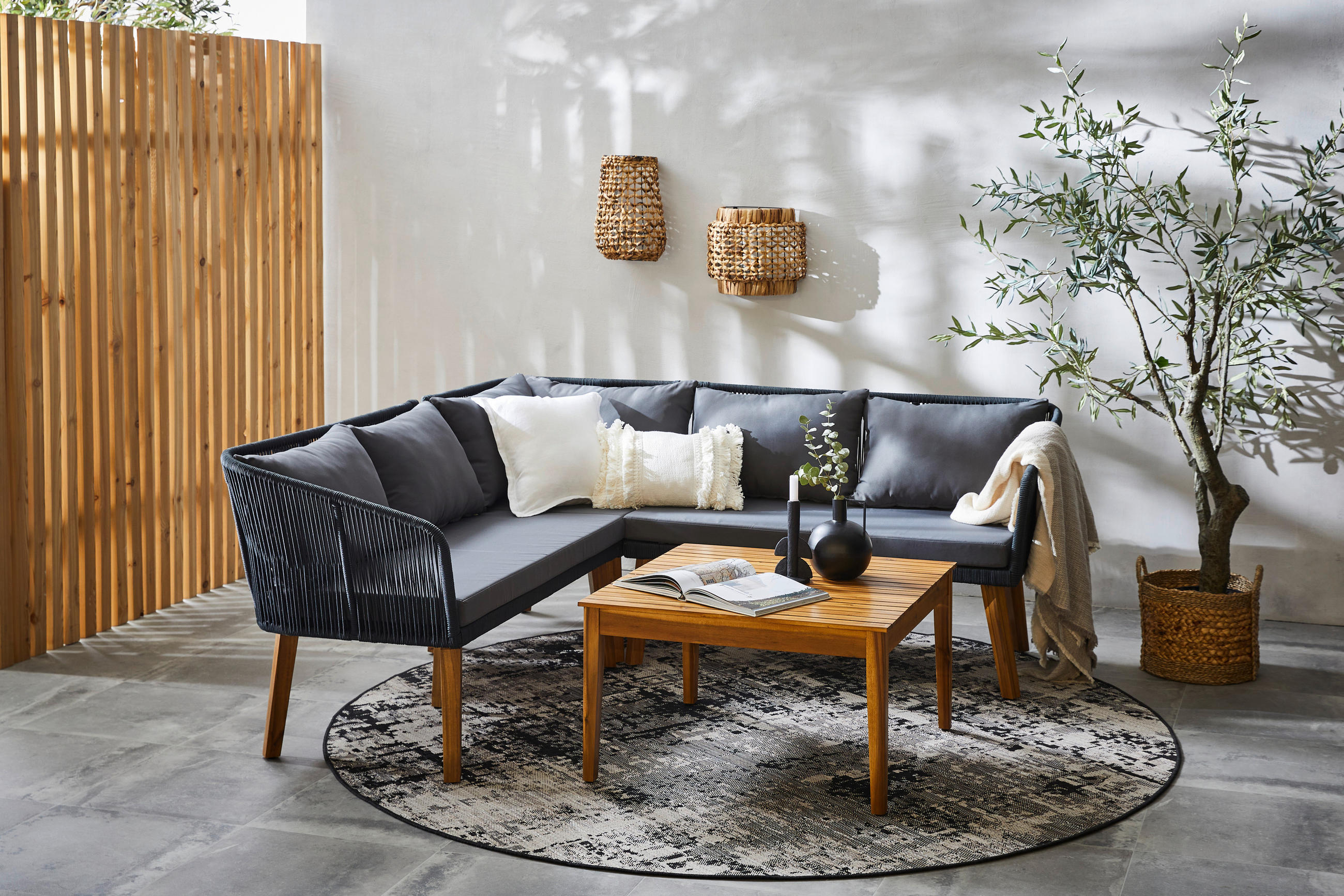 LOUNGE GARNITÚRA    - akácia színű/antracit, Modern, textil/fa (199/199cm) - Ambia Garden