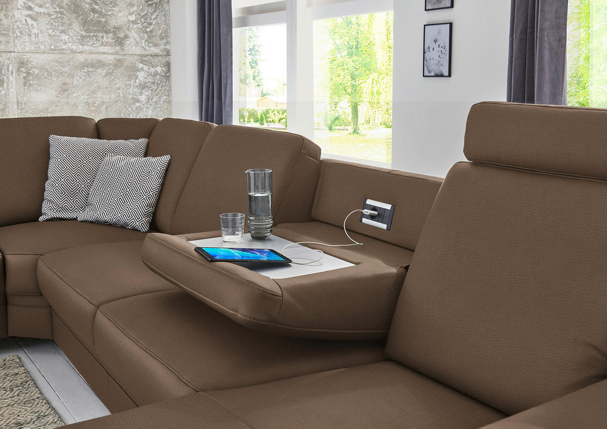 WOHNLANDSCHAFT Echtleder Braun  - Alufarben/Braun, Konventionell, Leder/Metall (239/329/165cm) - Beldomo Premium