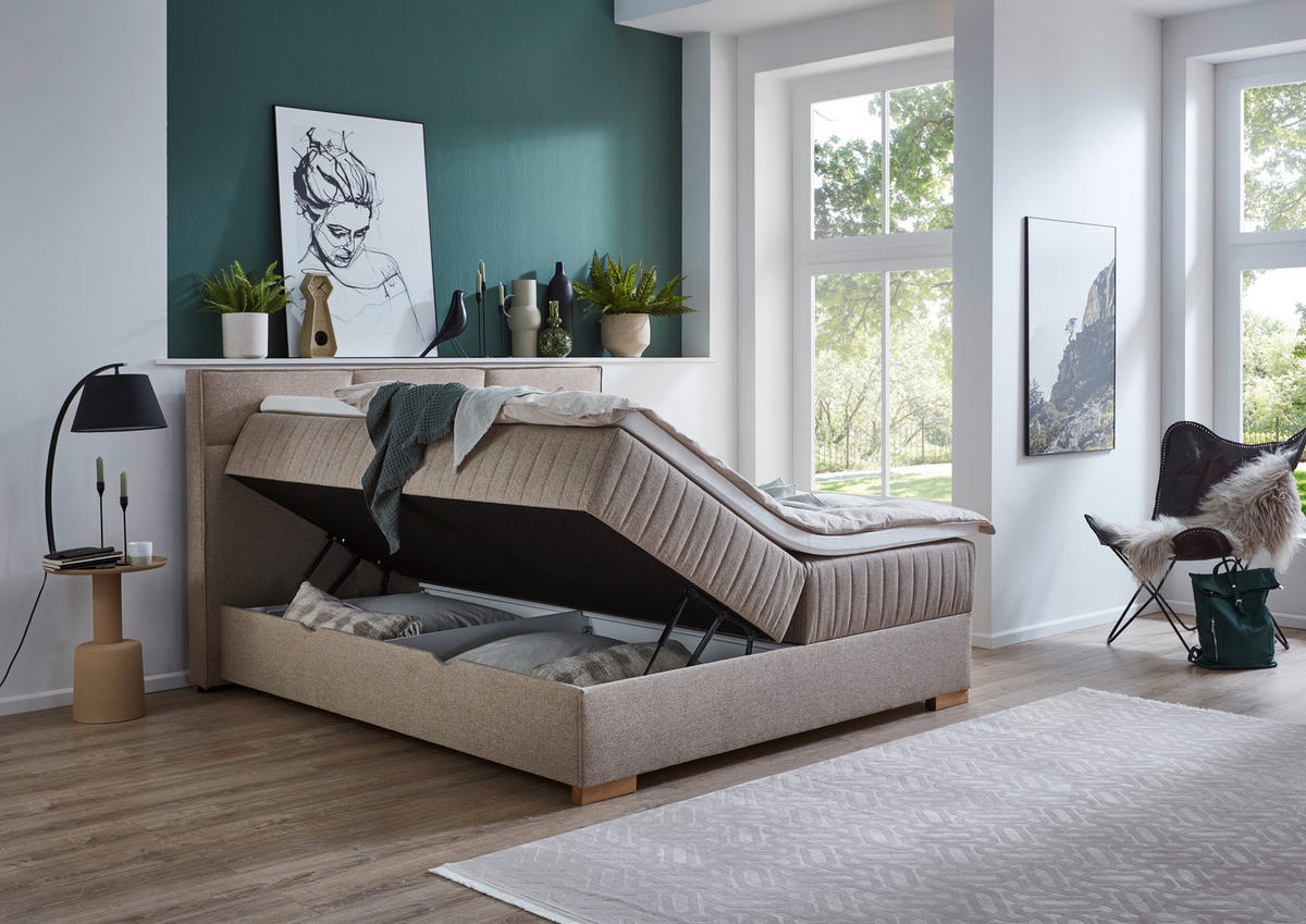 BOXSPRINGBETT 180/200 cm,  in Taupe, Bettkasten, Topper, H3 = fest  - Taupe/Eichefarben, KONVENTIONELL, Holz/Textil (180/200cm) - Boxxx