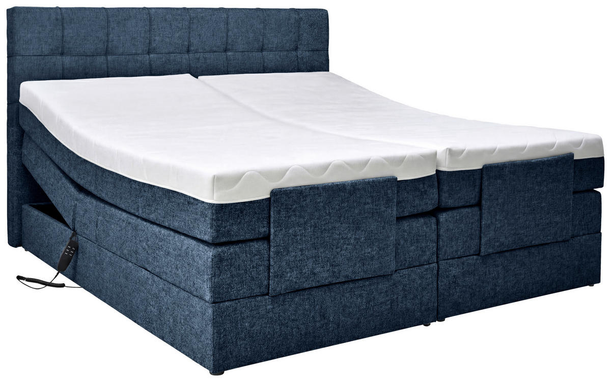 BOXSPRINGBETT 180/200 cm,  in Dunkelblau, gepolstertes Kopfteil, Topper, motorische Verstellbarkeit, Fernbedienung, Matratzen, H3 = fest  - Schwarz/Dunkelblau, KONVENTIONELL, Kunststoff/Textil (180/200cm) - Moderano