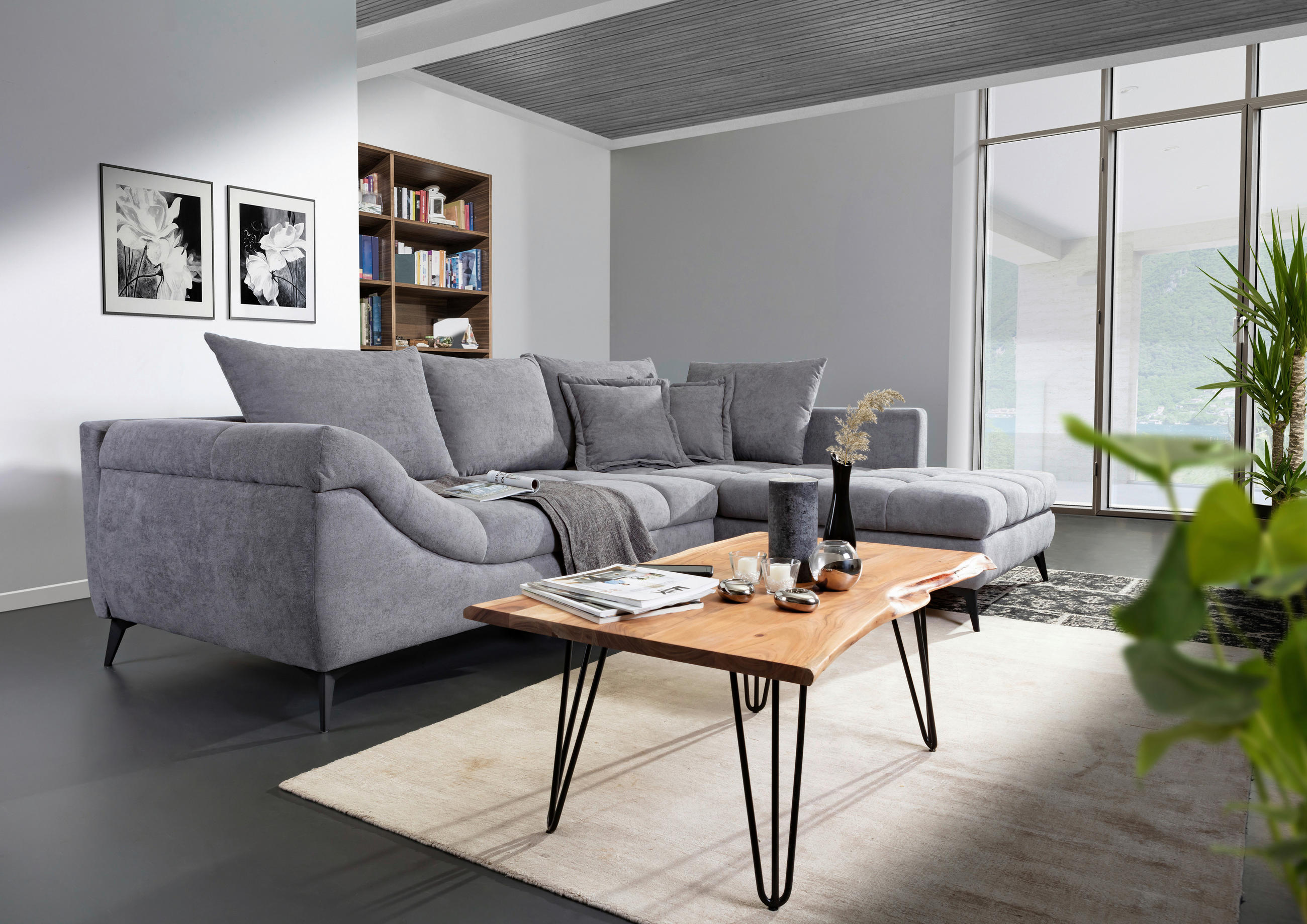 ECKSOFA Grau Flachgewebe  - Schwarz/Grau, Design, Textil/Metall (307/224cm) - Stylife