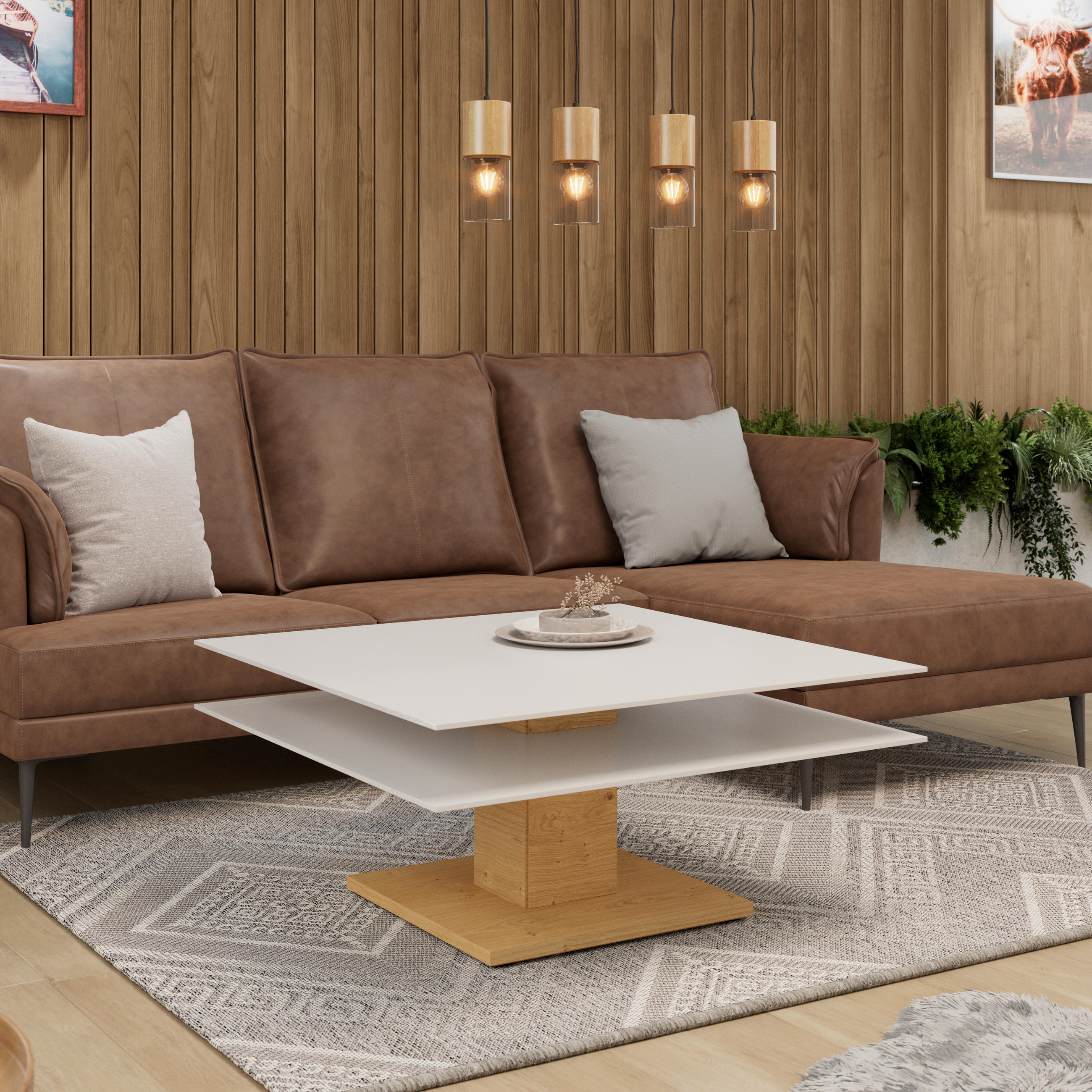 COUCHTISCH Wildeiche furniert, massiv Farbglas 90/90/43 cm quadratisch Weiß, Eichefarben  - Eichefarben/Weiß, Design, Glas/Holz (90/90/43cm) - Voglauer