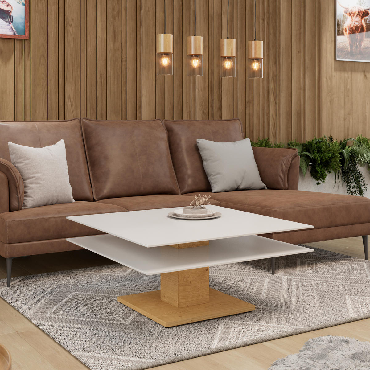 TABLE BASSE in Holz, Glas, Holzwerkstoff 90/90/43 cm  - Weiss/Eichefarben, Design, Glas/Holz (90/90/43cm) - Voglauer