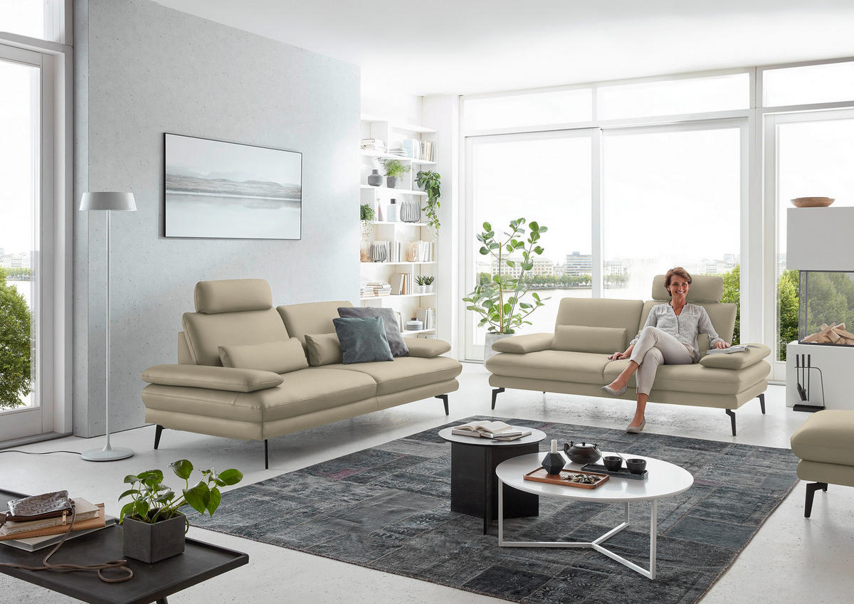 2,5-SITZER in Echtleder Creme, Naturfarben  - Creme/Schwarz, Design, Leder/Metall (196/86/104cm) - Dieter Knoll