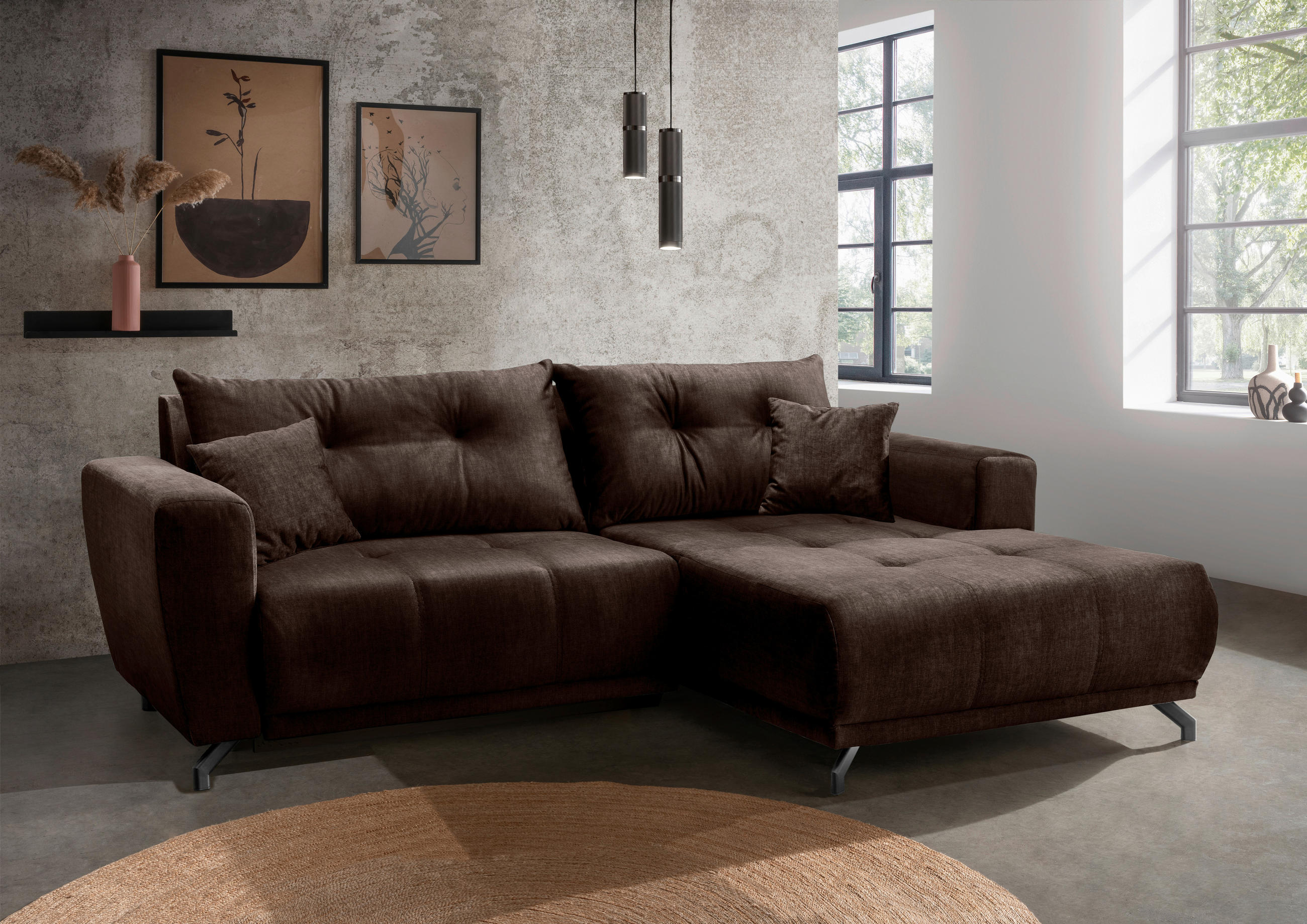 ECKSOFA in Velours Dunkelbraun  - Dunkelbraun/Schwarz, Modern, Textil/Metall (246/177cm) - MID.YOU