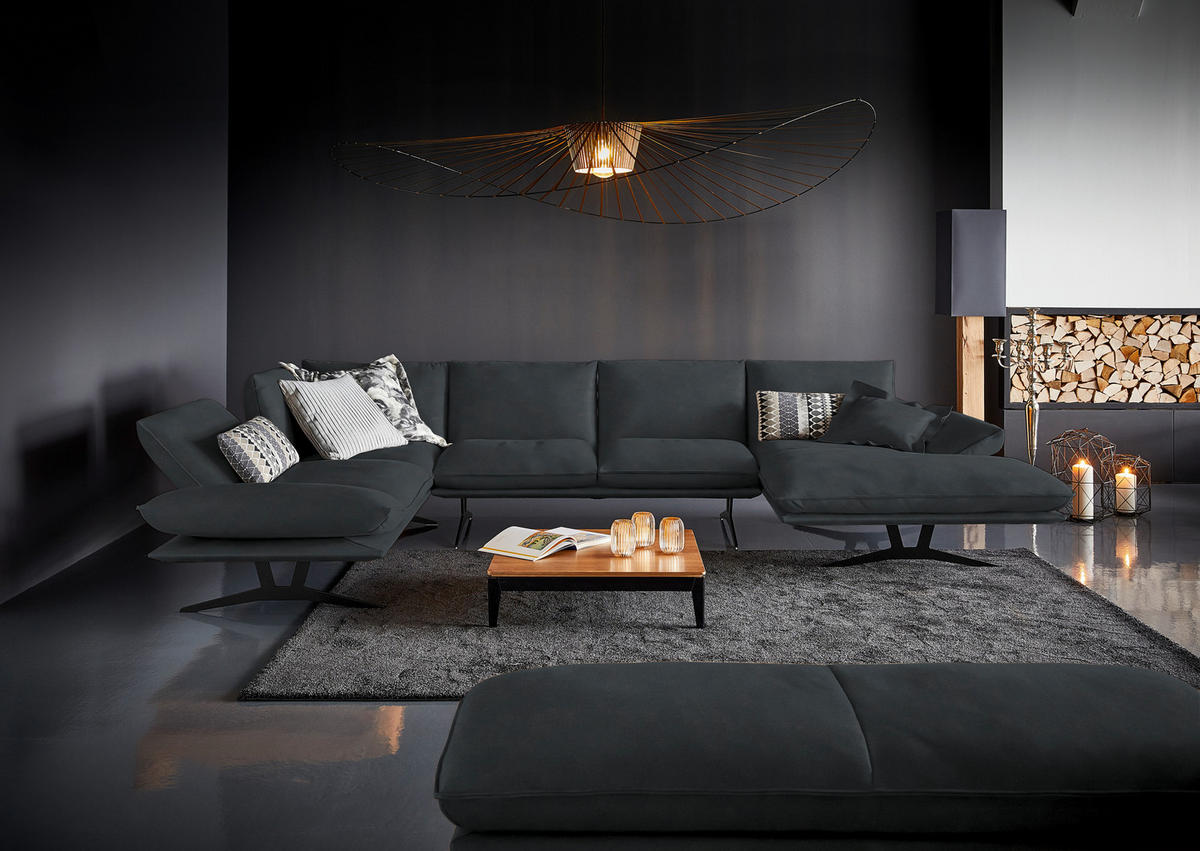 WOHNLANDSCHAFT in Echtleder Grau  - Schwarz/Grau, Natur, Leder/Metall (217/359/155cm) - Dieter Knoll