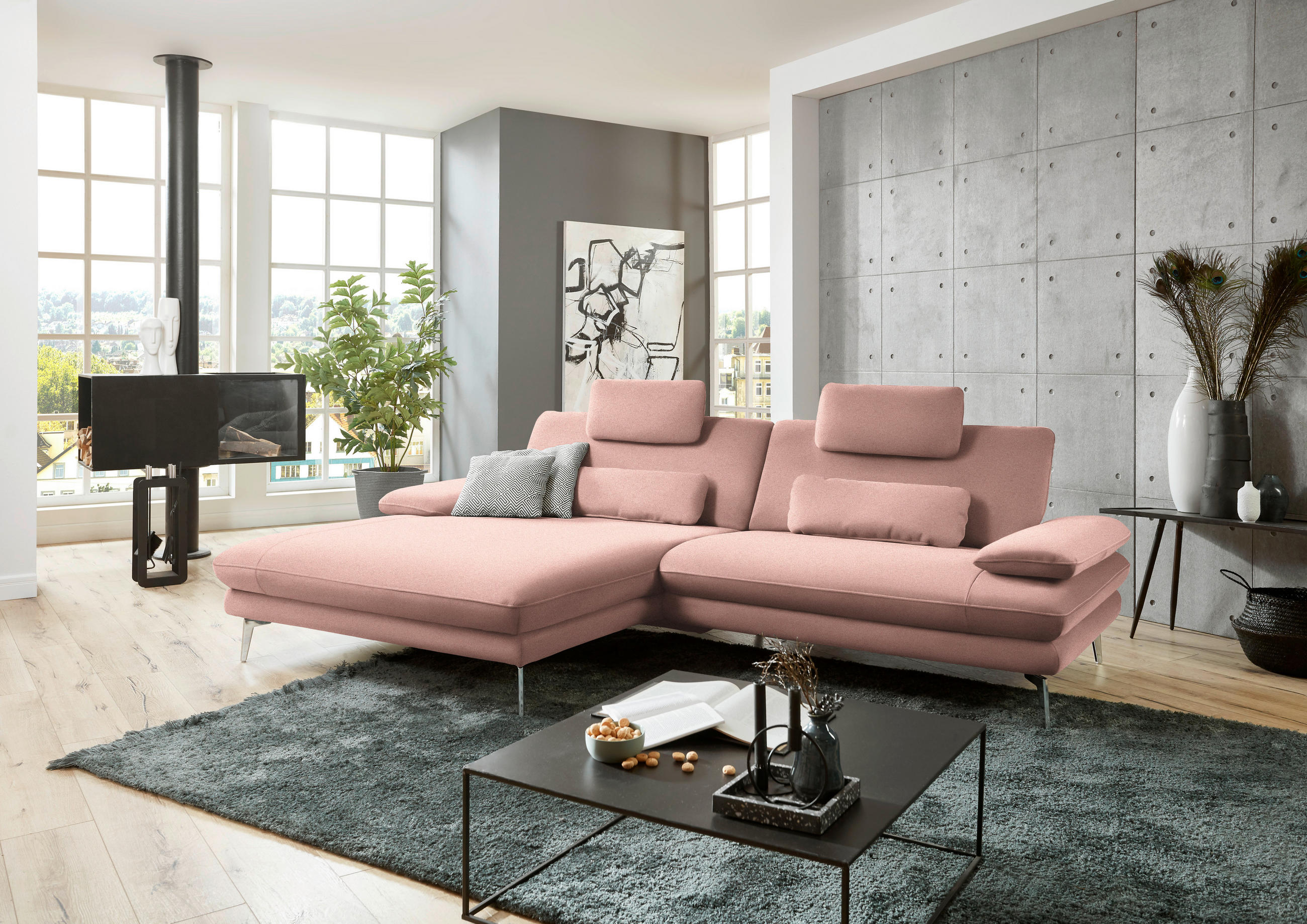 ECKSOFA Rosa Webstoff  - Schwarz/Rosa, Design, Textil/Metall (184/284cm) - Dieter Knoll