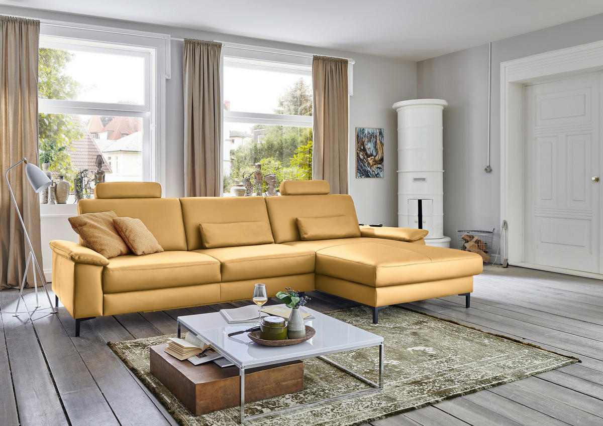 ECKSOFA in Echtleder Gelb  - Gelb/Schwarz, Design, Leder/Metall (334/176cm) - Dieter Knoll