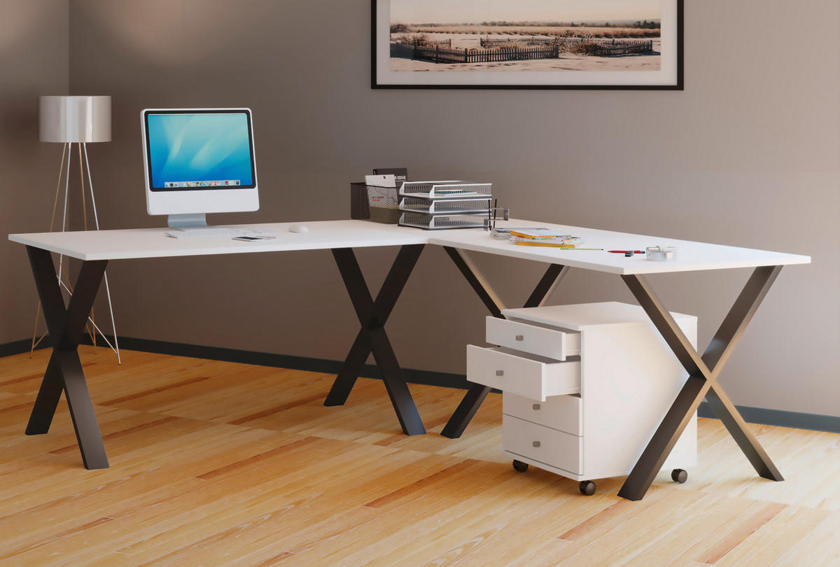 ECKSCHREIBTISCH 160/160/76 cm  in Schwarz, Weiß  - Schwarz/Weiß, MODERN, Holzwerkstoff/Metall (160/160/76cm) - MID.YOU