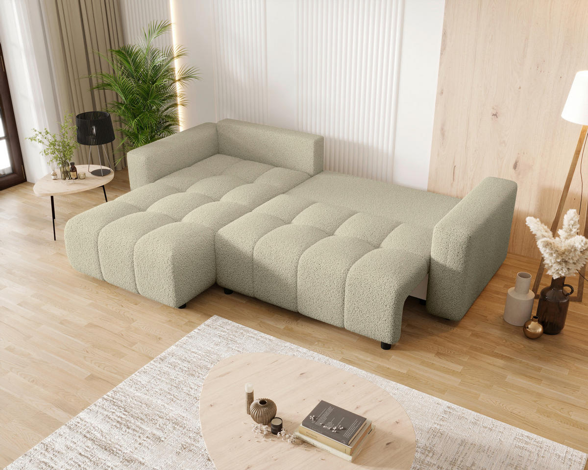 ECKSOFA Beige Bouclé Zierkissen, Rückenkissen, Bettkasten, Schlaffunktion, Rücken echt, Liegefläche im Originalstoff  - Beige/Schwarz, MODERN, Kunststoff/Textil (190/280cm) - Carryhome