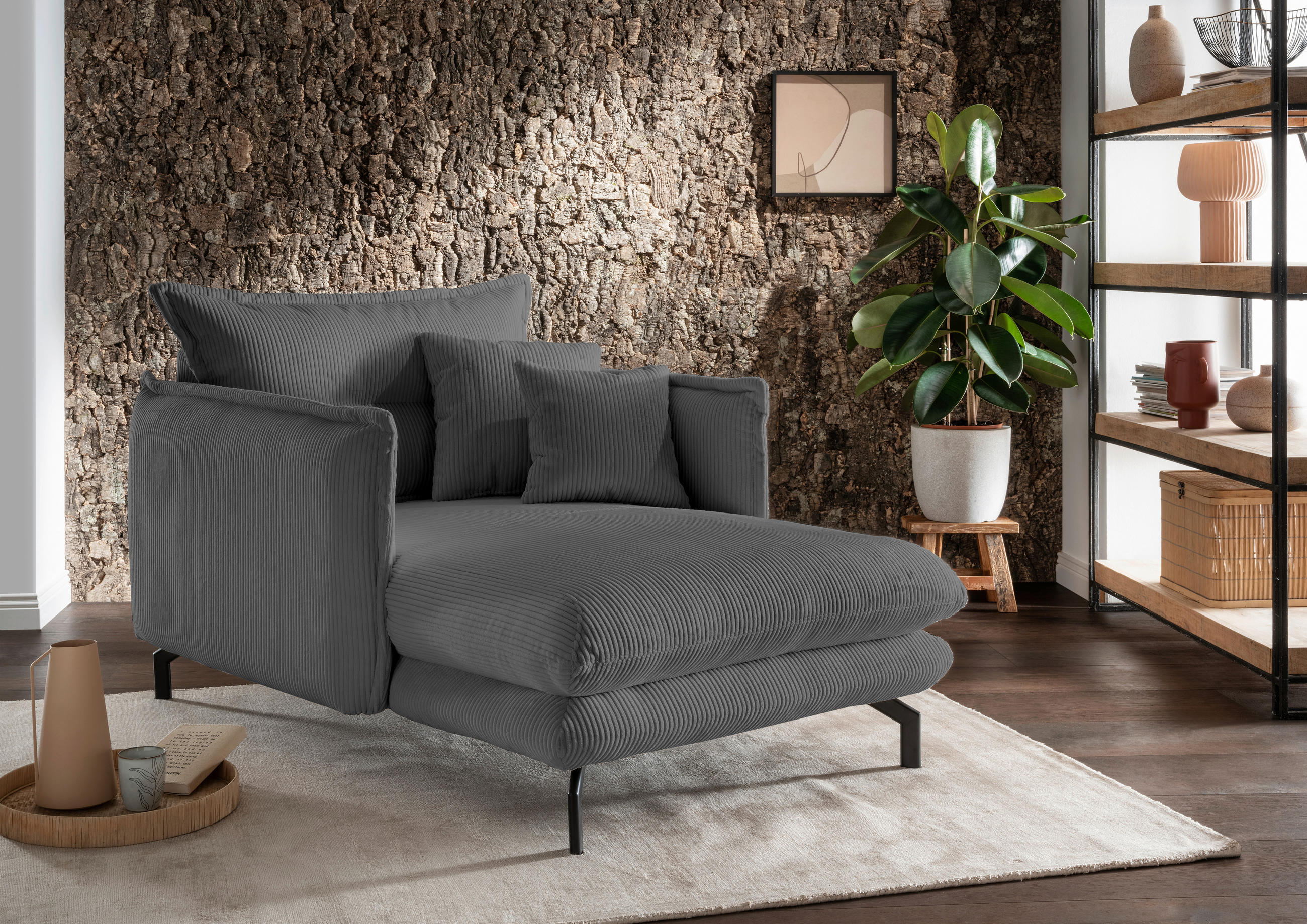 XXL-SESSEL Cord Grau    - Schwarz/Grau, MODERN, Textil/Metall (111/101/167cm) - Livetastic