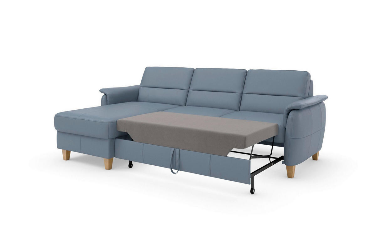 ECKSOFA PALMERA E Graublau Kombination Echtleder/Stoff Mikrofaser Bettkasten  - Graublau/Eichefarben, Basics, Leder/Holz (163/244cm) - Sit & More