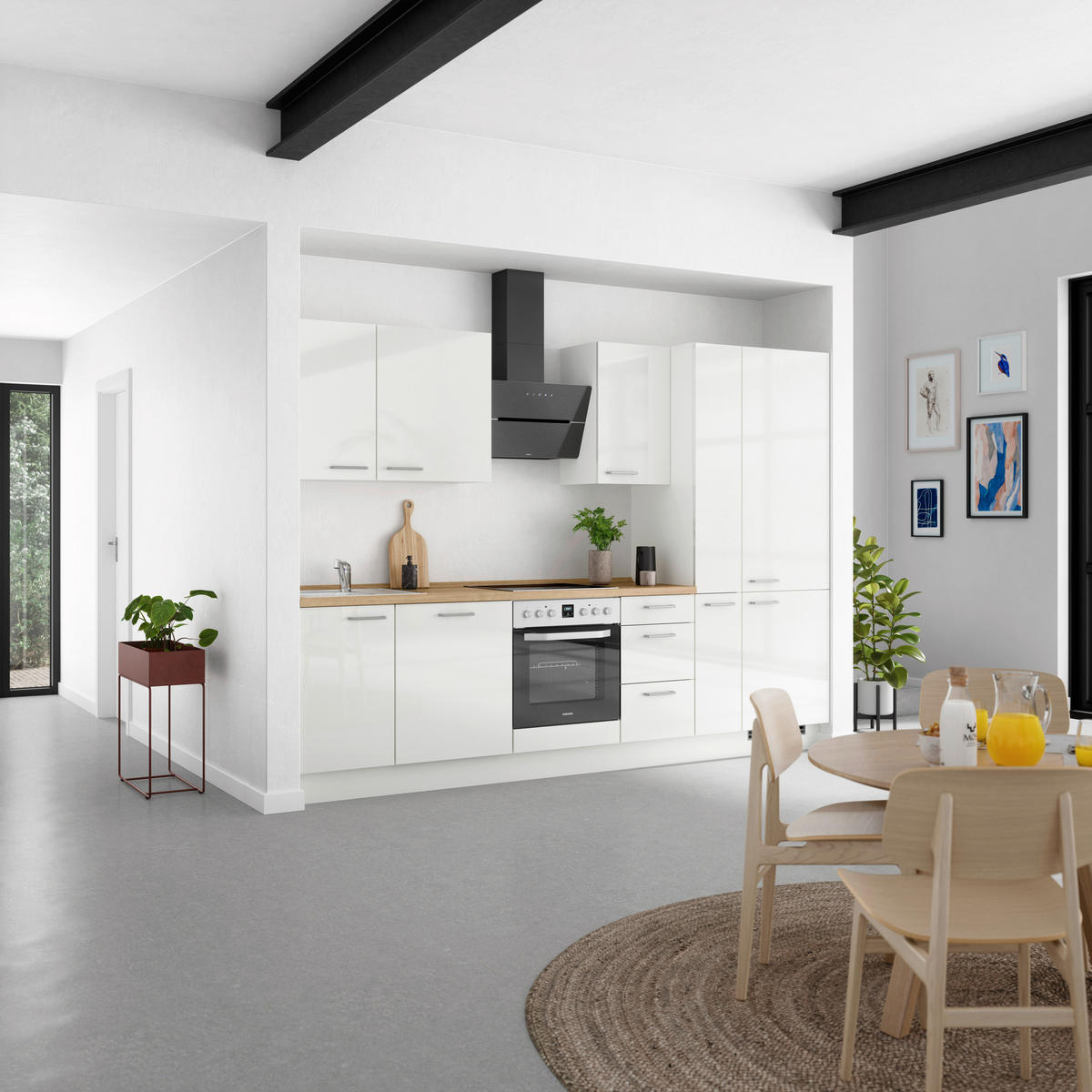 KÜCHENLEERBLOCK 300 cm   in Eichefarben, Weiß Hochglanz  - Edelstahlfarben/Eichefarben, MODERN, Holzwerkstoff/Metall (300cm) - Nobilia