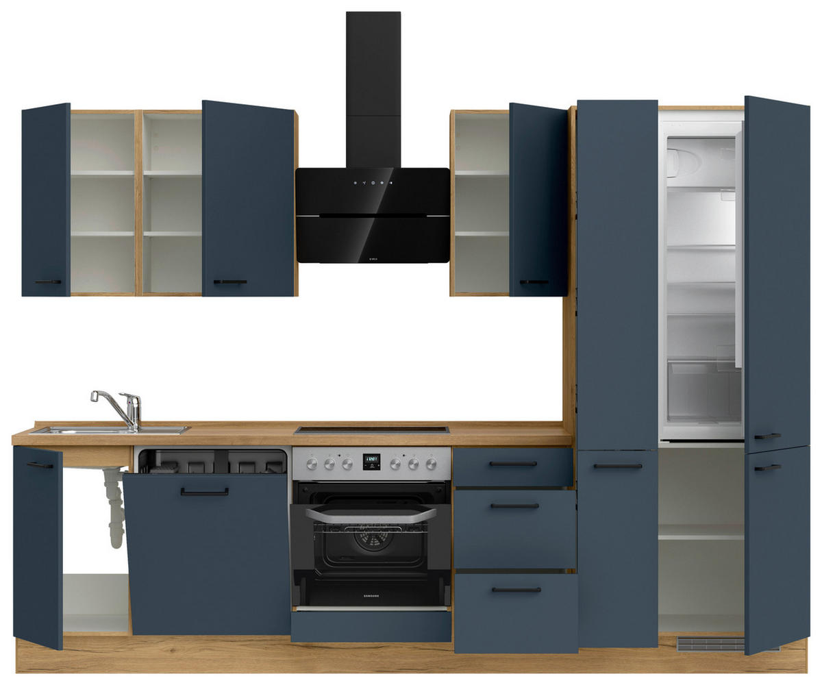 KÜCHENBLOCK Easytouch 300 cm  in Eichefarben, Dunkelblau  - Eichefarben/Schwarz, MODERN, Holzwerkstoff/Metall (300cm) - Nobilia
