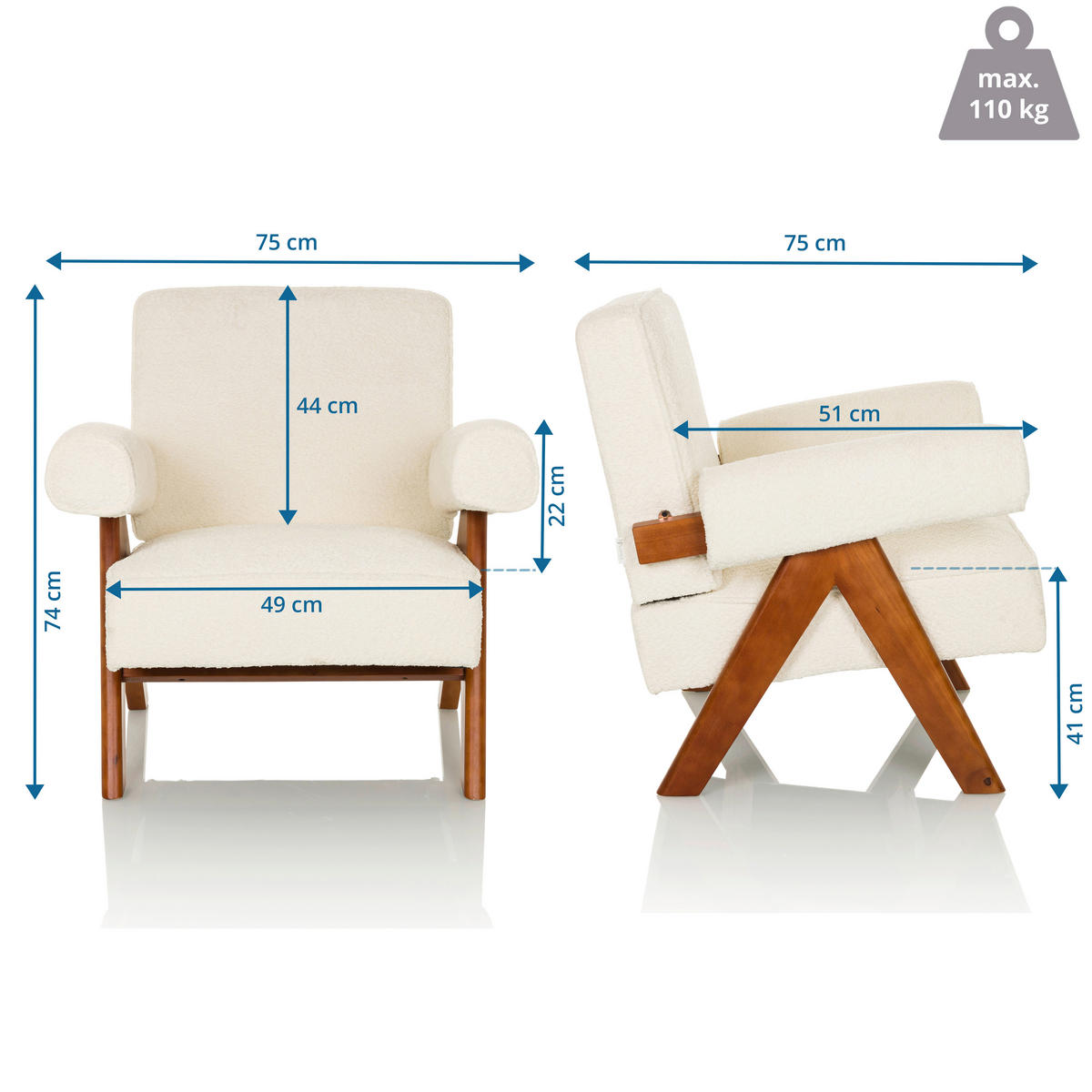 LOUNGESESSEL Bouclé Weiß    - Weiß/Braun, MODERN, Holz/Textil (75/74/75cm) - MID.YOU