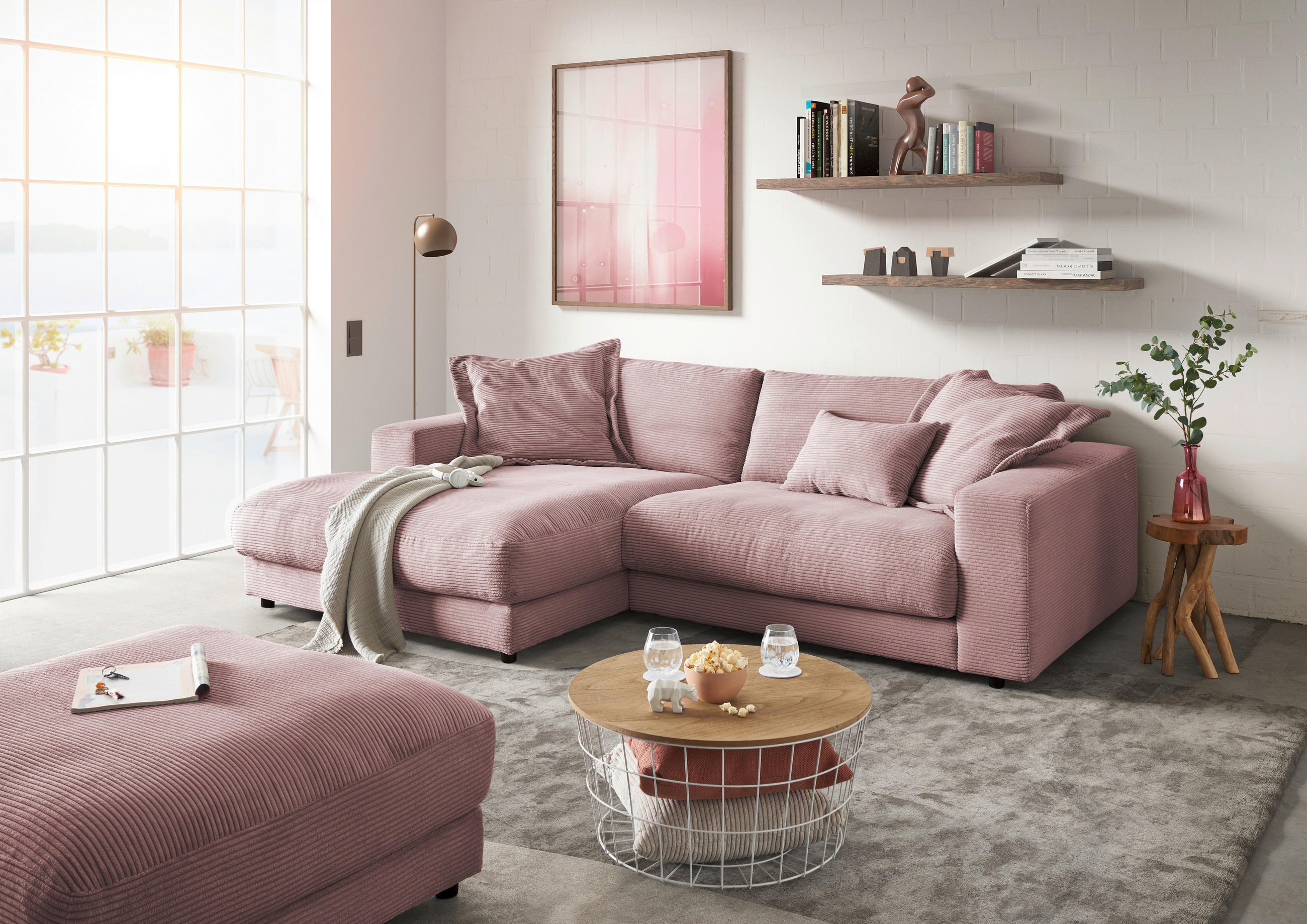 ECKSOFA in Cord Rosa  - Schwarz/Rosa, Design, Kunststoff/Textil (190/270cm) - Lomoco