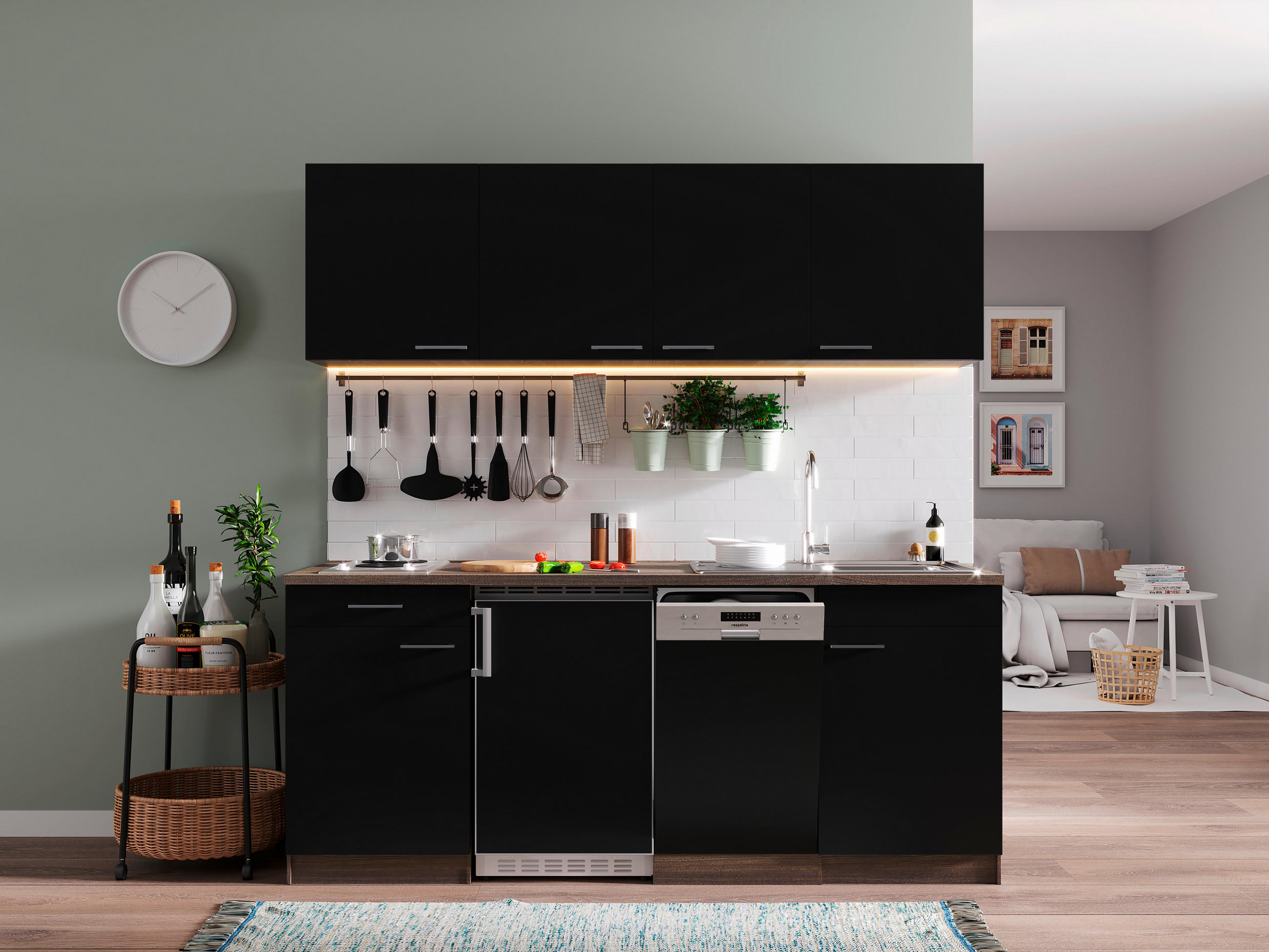 MODULKÖK 195 cm   i svart, ekfärgad  - svart/ekfärgad, Basics, trämaterial (195cm) - Respekta