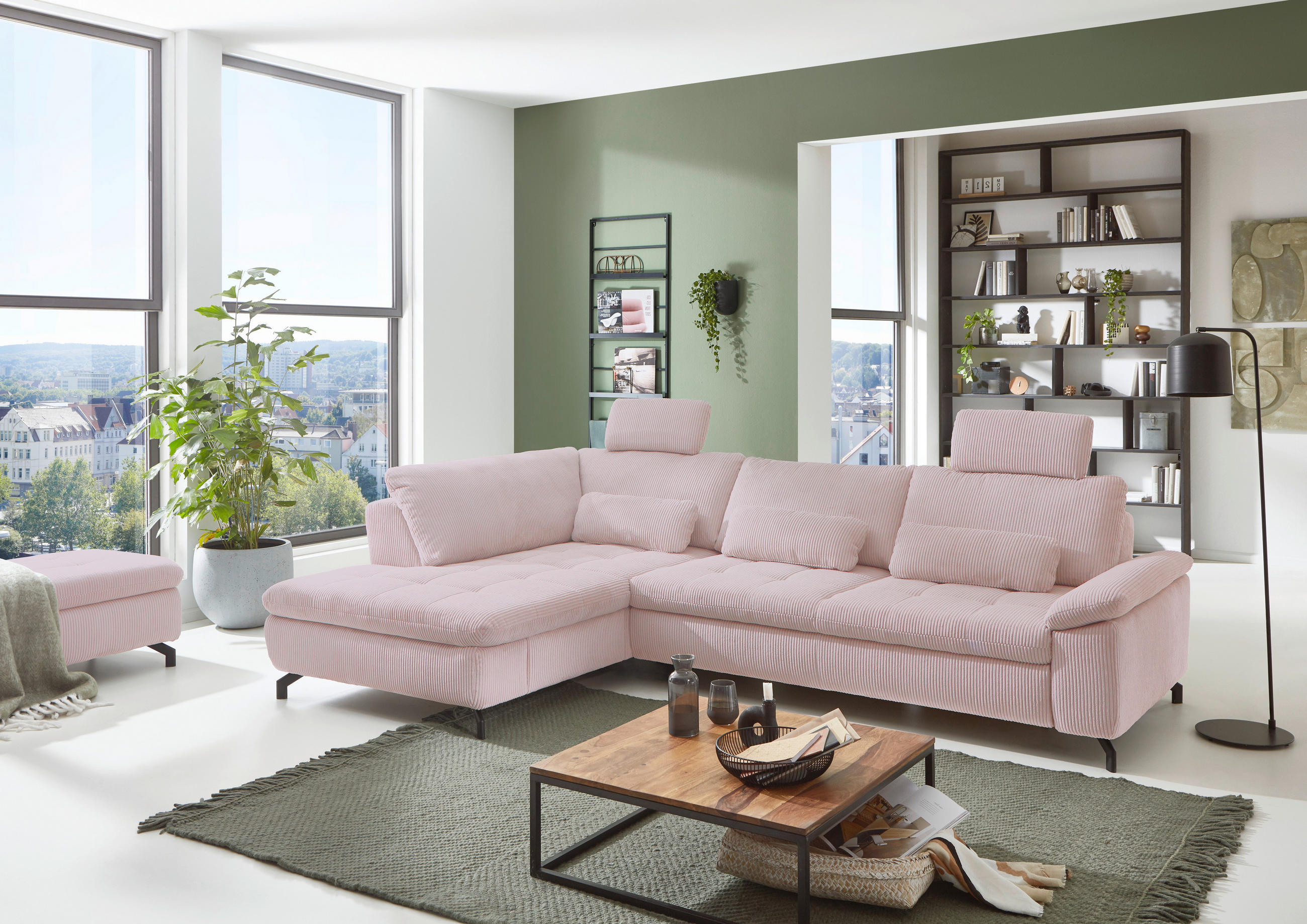 ECKSOFA Altrosa Cord, Velours  - Schwarz/Altrosa, Design, Textil/Metall (197/291cm) - Beldomo Style