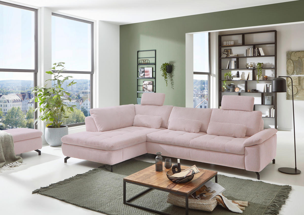 ECKSOFA in Cord, Velours Altrosa  - Schwarz/Altrosa, Design, Textil/Metall (197/291cm) - Beldomo Style