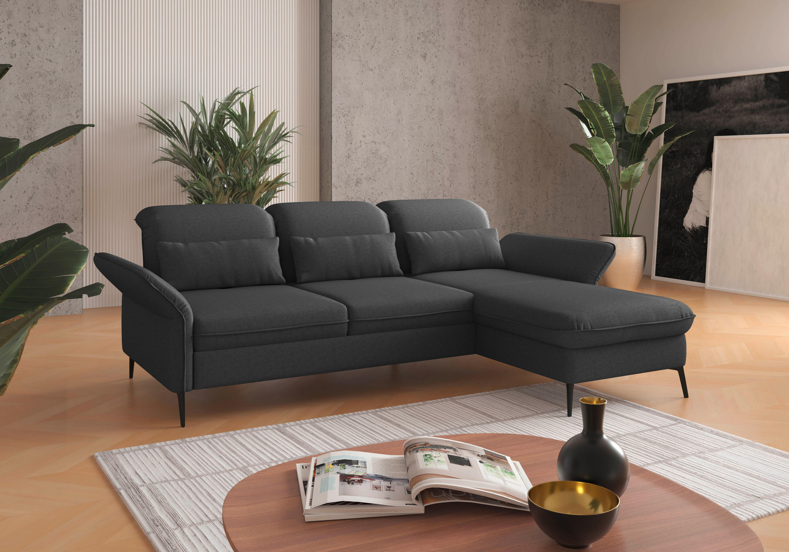 ECKSOFA in Flachgewebe Dunkelgrau  - Dunkelgrau/Schwarz, Konventionell, Textil/Metall (264/198cm) - Sit & More