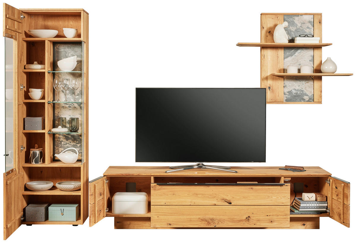 WOHNWAND  in Eichefarben 320/205,7/53,7 cm  - Eichefarben/Schwarz, Natur, Glas/Holz (320/205,7/53,7cm) - Valnatura