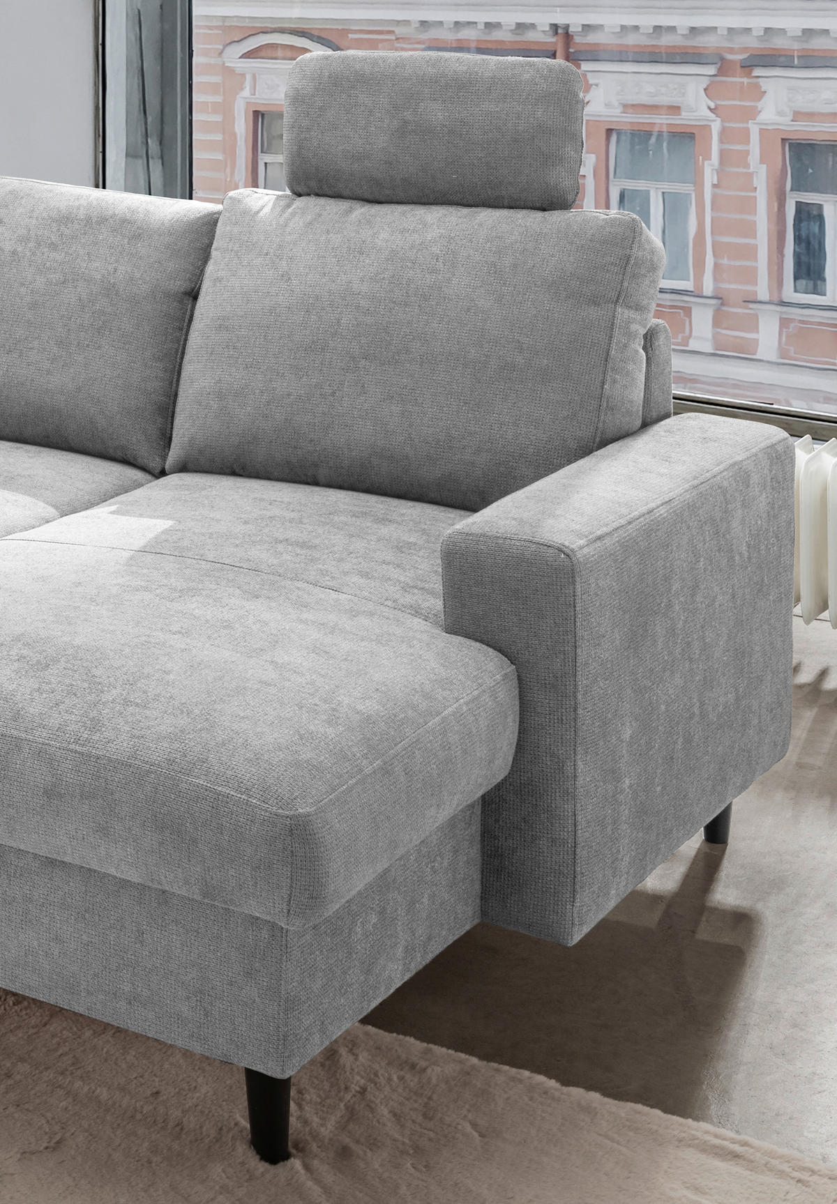WOHNLANDSCHAFT in Chenille Grau  - Schwarz/Grau, Modern, Holz/Textil (200/305/153cm) - Livetastic