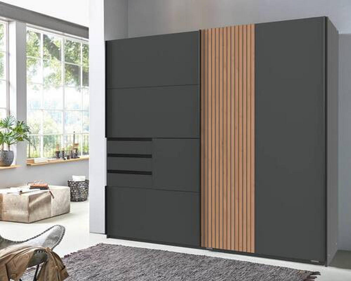 SCHWEBETÜRENSCHRANK in Graphitfarben, Eiche Artisan  - Schwarz/Graphitfarben, Trend, Holzwerkstoff/Metall (180/198/65cm) - Carryhome