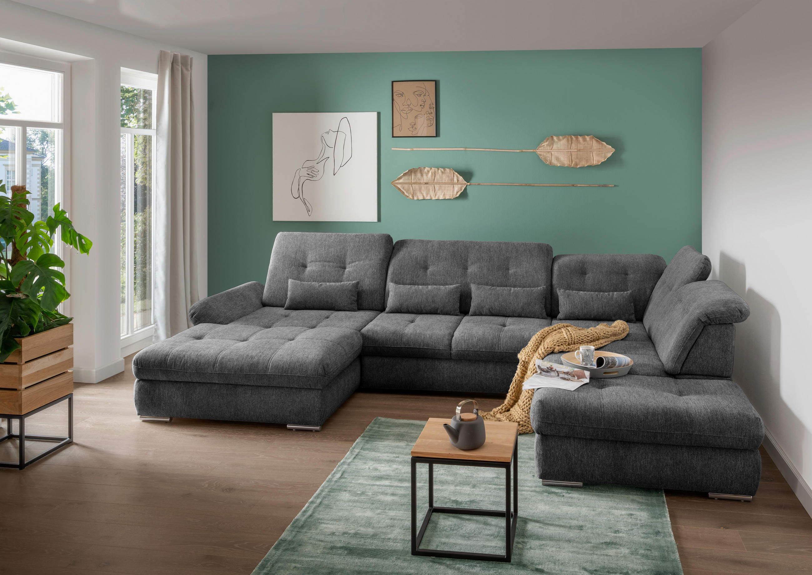 WOHNLANDSCHAFT in Chenille Anthrazit - Chromfarben/Anthrazit, Design, Textil/Metall (195/376/254cm) - Livetastic