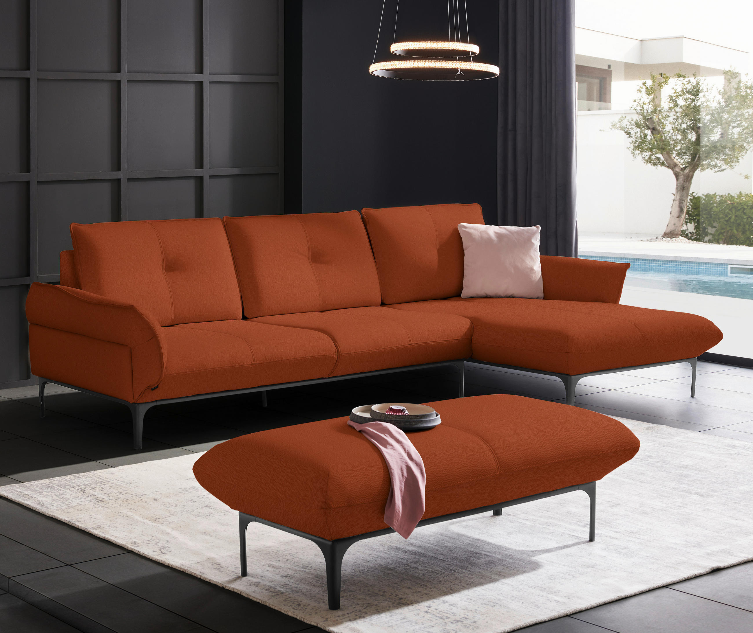 ECKSOFA in Echtleder Terracotta  - Terracotta/Schwarz, Design, Leder/Metall (319/182cm) - Valnatura