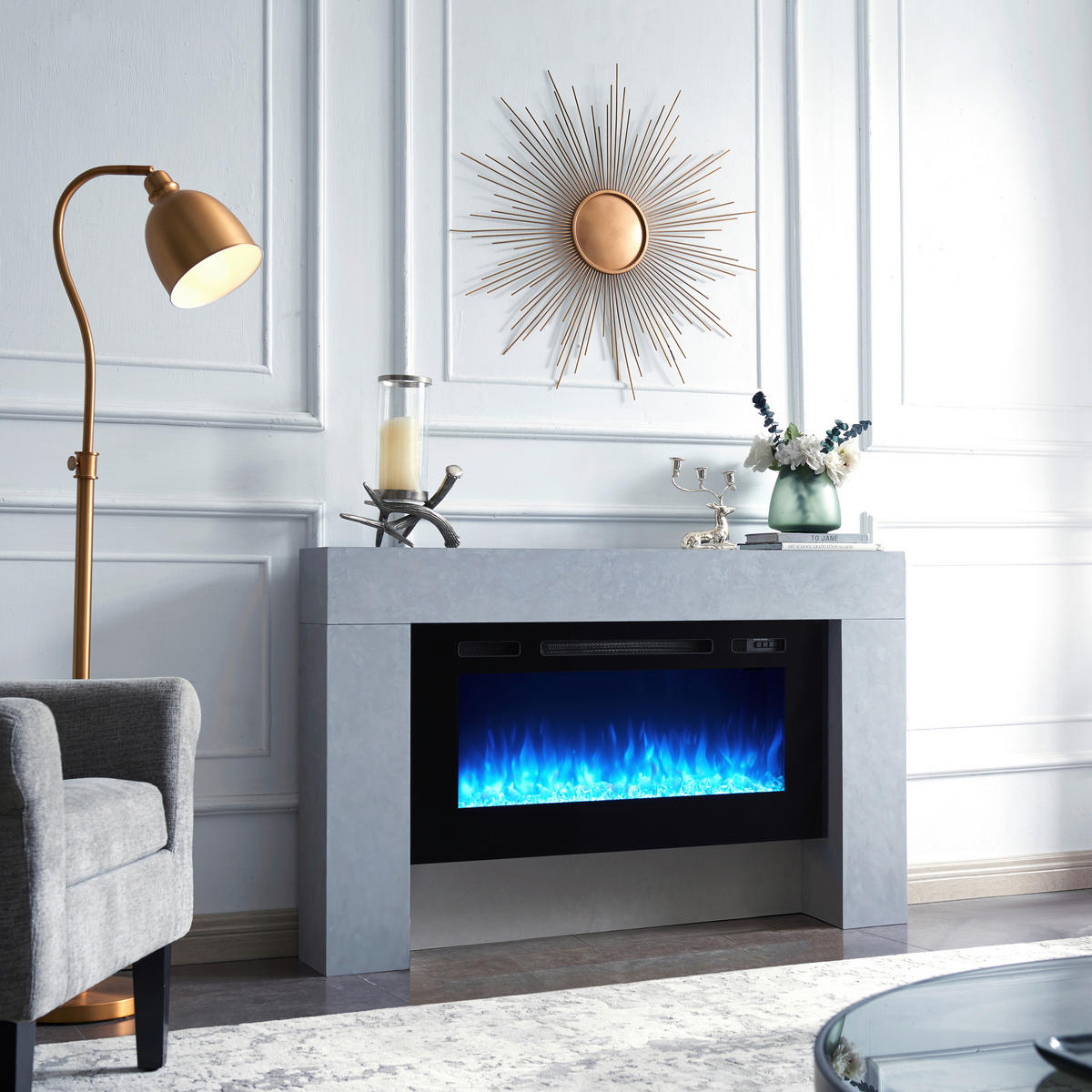 ELEKTRISK KAMIN - grå, Basics, metall/trämaterial (141/21/88cm)