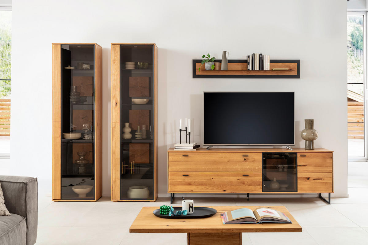 WOHNWAND  in Wildeiche 359/206/50 cm  - Wildeiche/Schwarz, Design, Glas/Holz (359/206/50cm) - MID.YOU