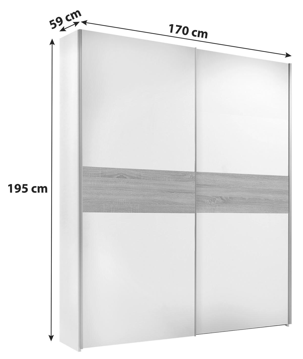 SCHWEBETÜRENSCHRANK 2-türig Weiß, Sonoma Eiche  - Eichefarben/Alufarben, KONVENTIONELL, Holzwerkstoff/Metall (170/195/59cm) - Carryhome