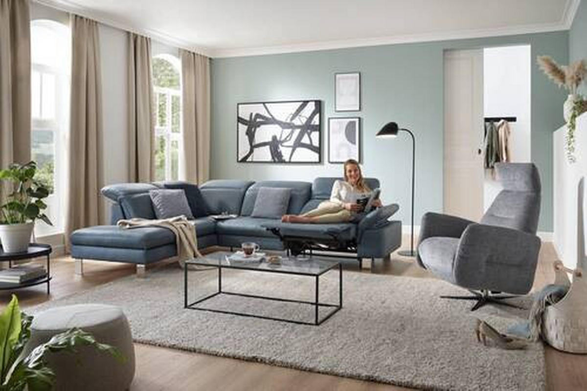 ECKSOFA Blaugrau Echtleder  - Edelstahlfarben/Blaugrau, Design, Leder/Metall (233/309cm) - Dieter Knoll