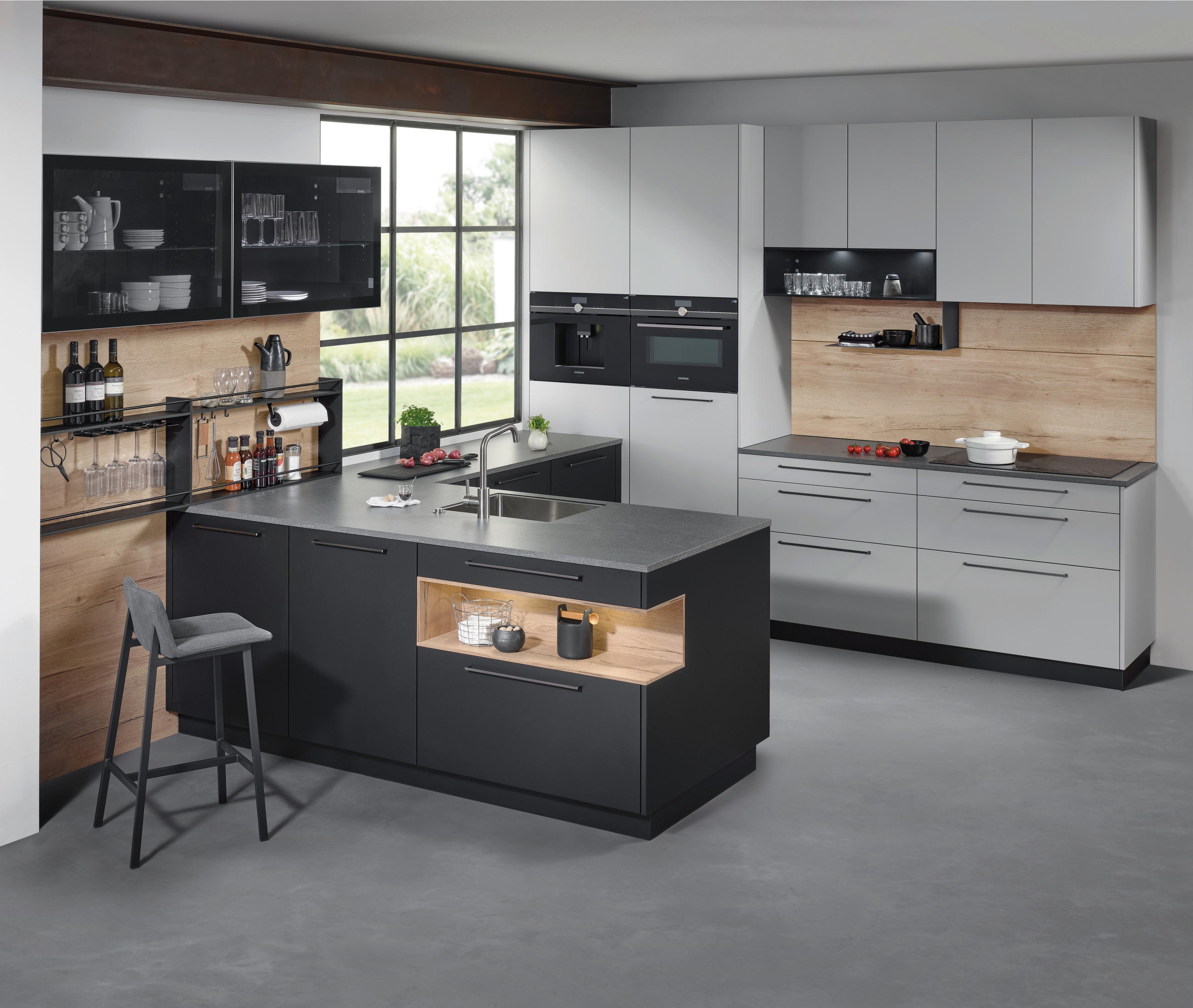 EINBAUKÜCHE   - Hellgrau/Schwarz, Design, Holzwerkstoff - EWE