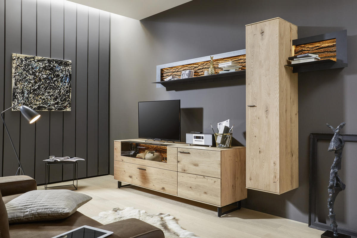 WOHNWAND  in Anthrazit, Eichefarben  318/223/49 cm  - Eichefarben/Anthrazit, Design, Glas/Holz (318/223/49cm) - Valnatura