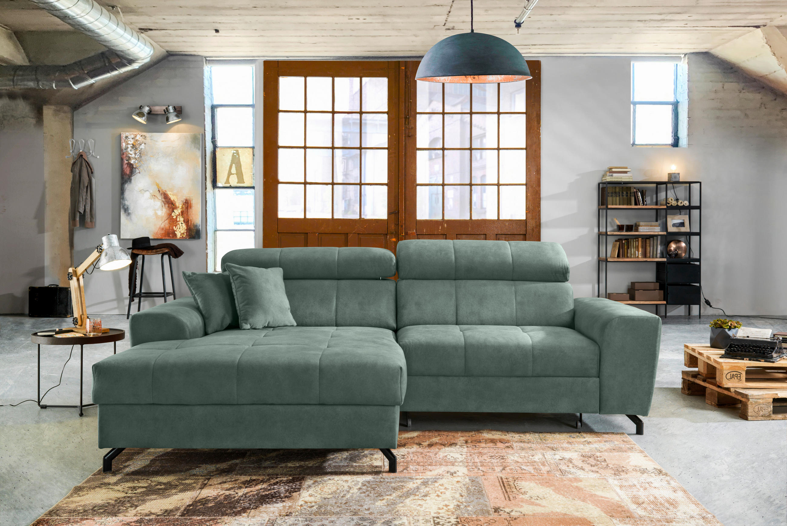 ECKSOFA in Velours Mintgrün  - Schwarz/Mintgrün, Design, Textil/Metall (181/267cm) - Carryhome