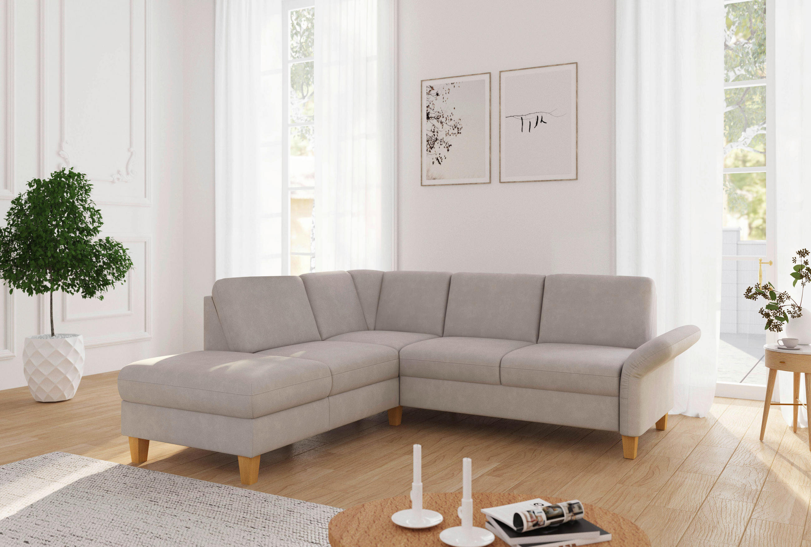 ECKSOFA ROCHELLE E Greige Flachgewebe  - Greige/Eichefarben, KONVENTIONELL, Holz/Textil (216/240cm) - Sit & More