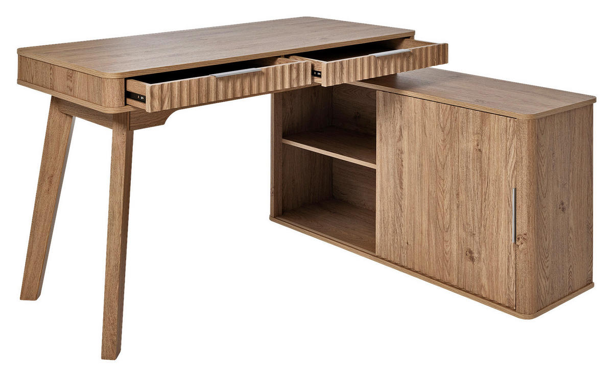 ECKSCHREIBTISCH 142/120/78,2 cm Eichefarben Kabeldurchlass, Stauraum, seitenverkehrt montierbar  - Eichefarben/Silberfarben, MODERN, Holzwerkstoff/Metall (142/120/78,2cm)