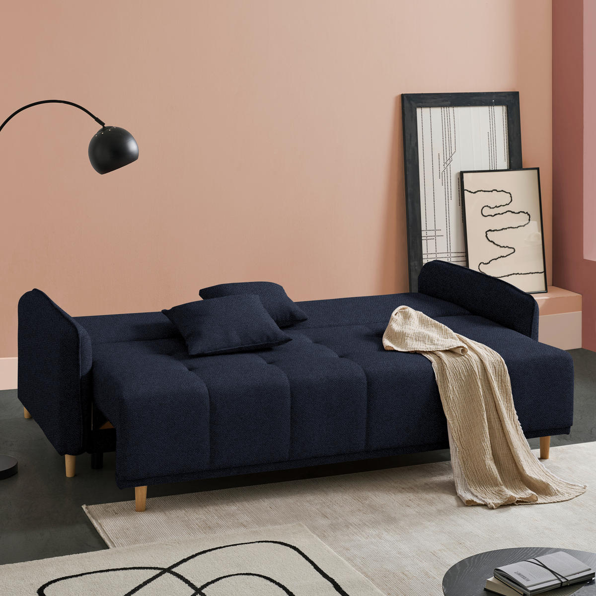 SCHLAFSOFA  in Struktur Dunkelblau  - Buchefarben/Dunkelblau, Design, Holz/Textil (217/97/101cm) - Carryhome