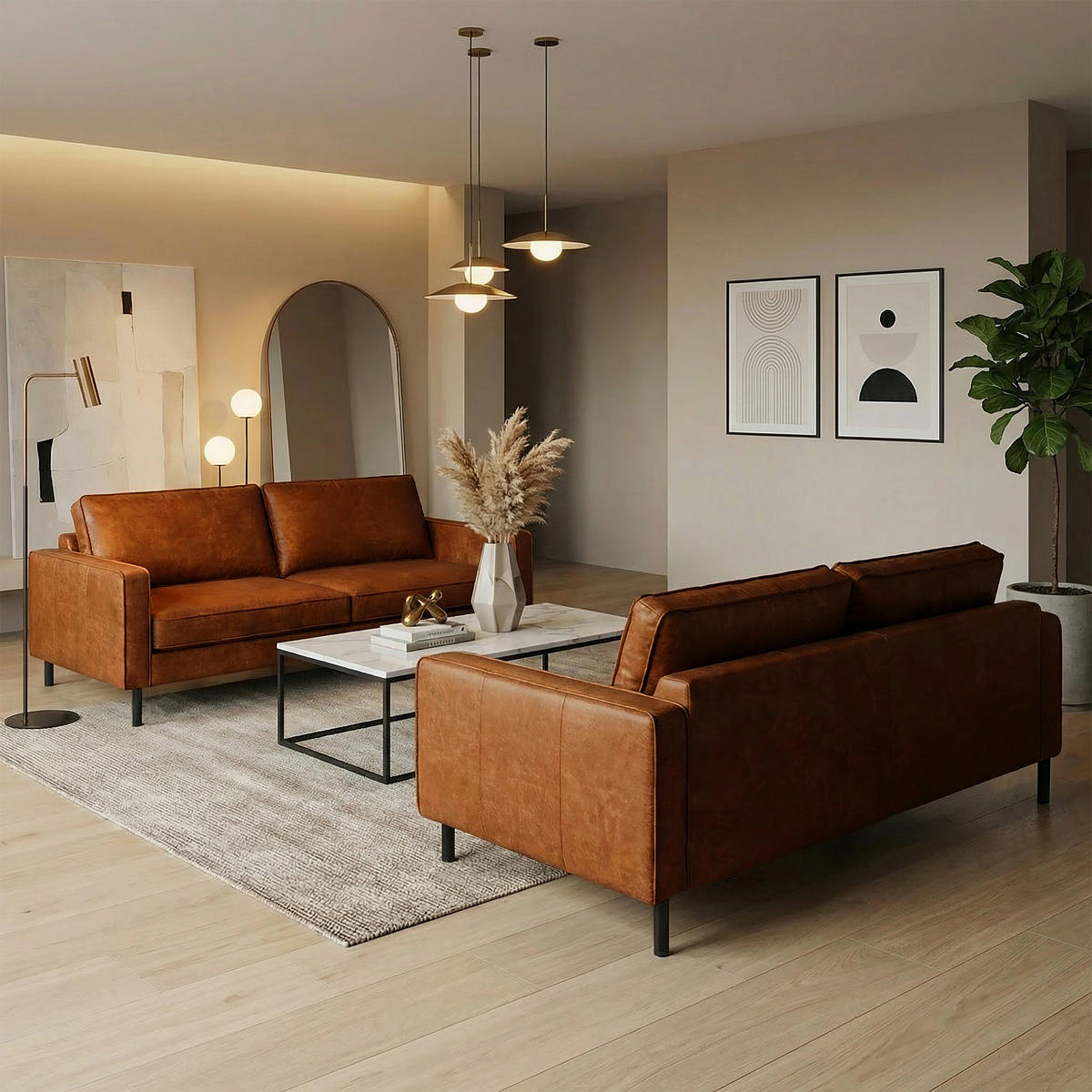 3-SITZER-SOFA Echtleder Lederlook Cognac  - Cognac/Schwarz, Design, Leder/Textil (188/85/92cm) - Livetastic
